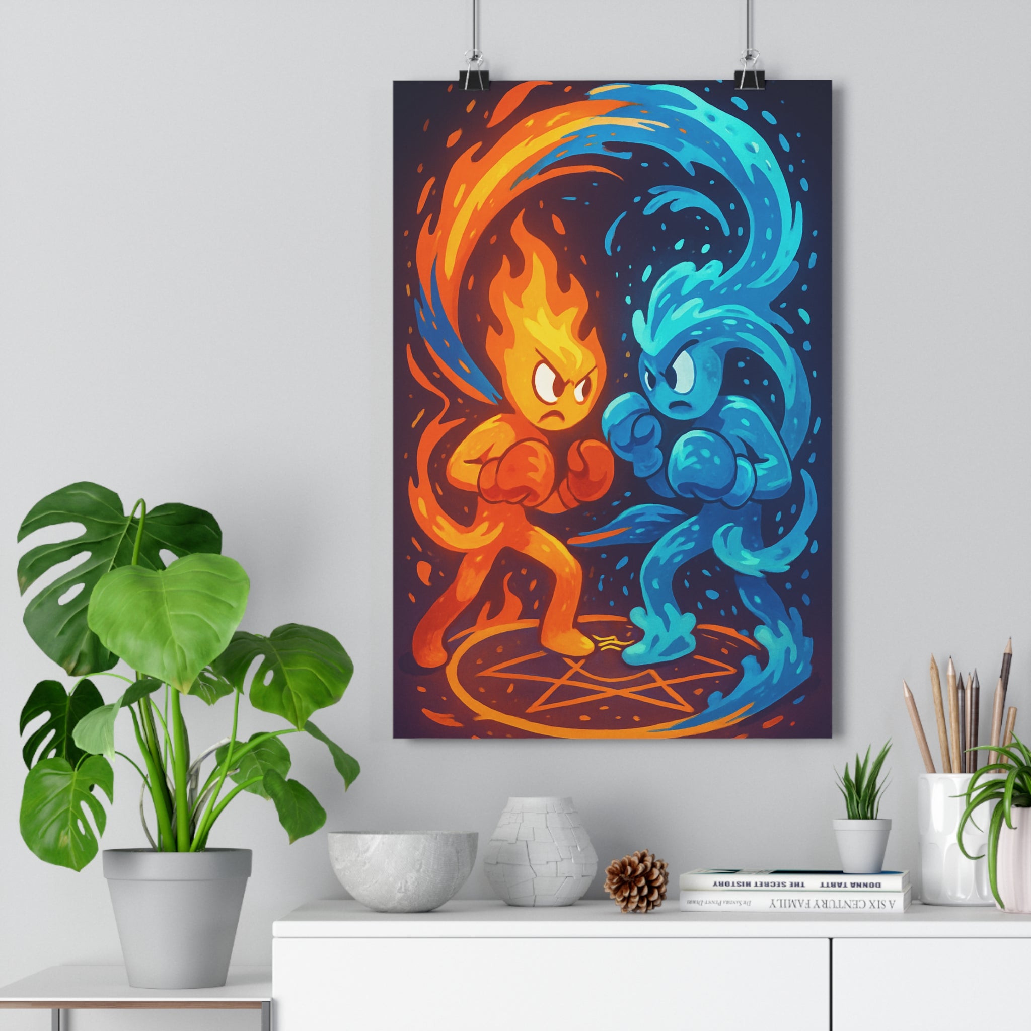 Poster décoratif fantastique duel feu eau lumineux orange bleu salon bureau 30x46 moderne dynamique