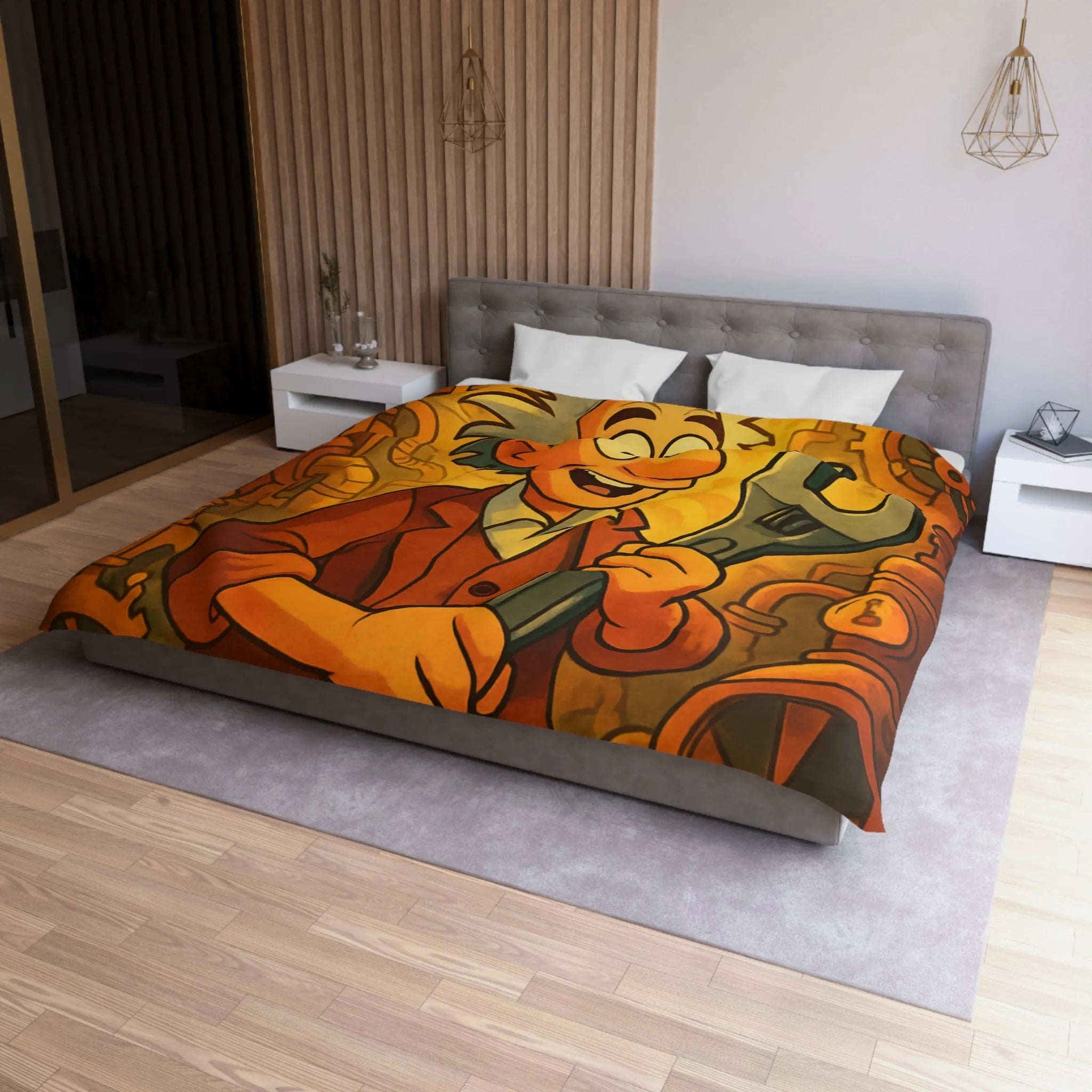 Housse de couette au style rétro avec inventeur animé dans un atelier coloré