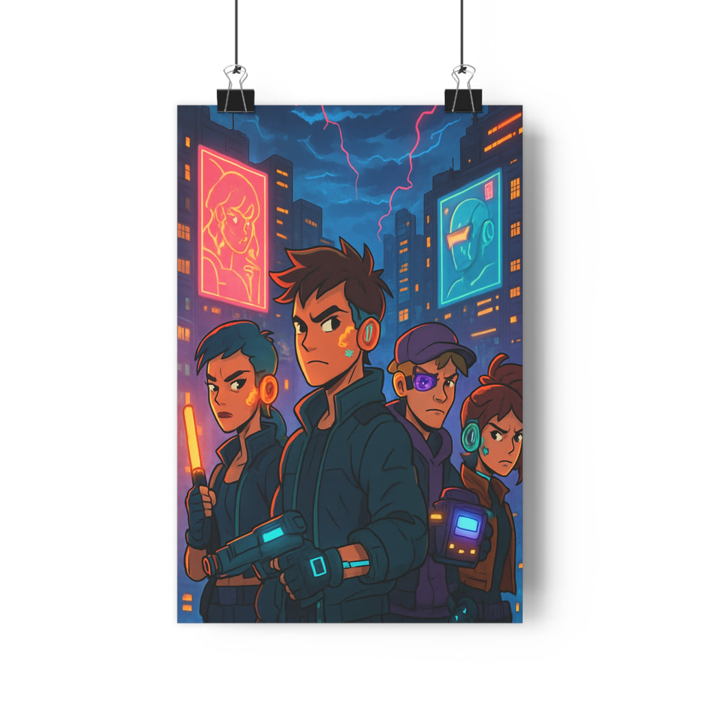 Poster décoratif futuriste cyberpunk néons colorés salon bureau moderne hightech vibrant artistique unique personnages