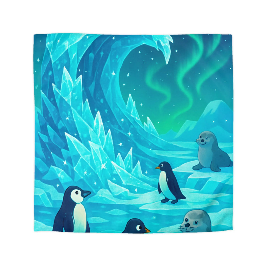 Housse de Couette avec Manchots et Phoques sous Aurore Boréale sur Glace Étincelante