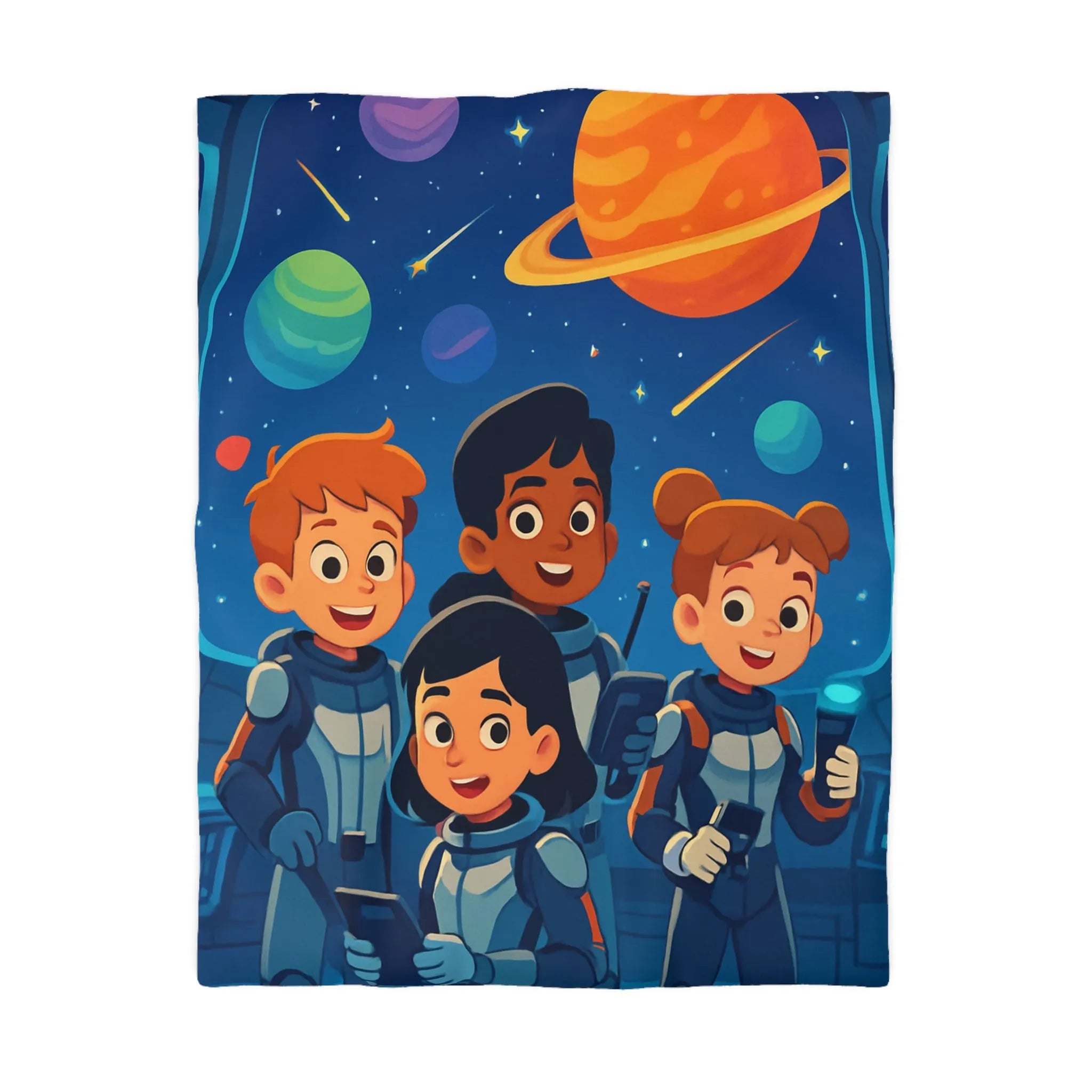 Housse de couette enfant en exploration spatiale avec planètes colorées et jeunes astronautes