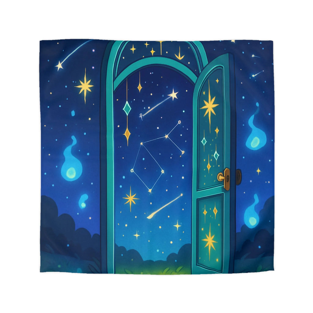 Housse de couette magique avec porte ouverte sur ciel étoilé bleu et constellations