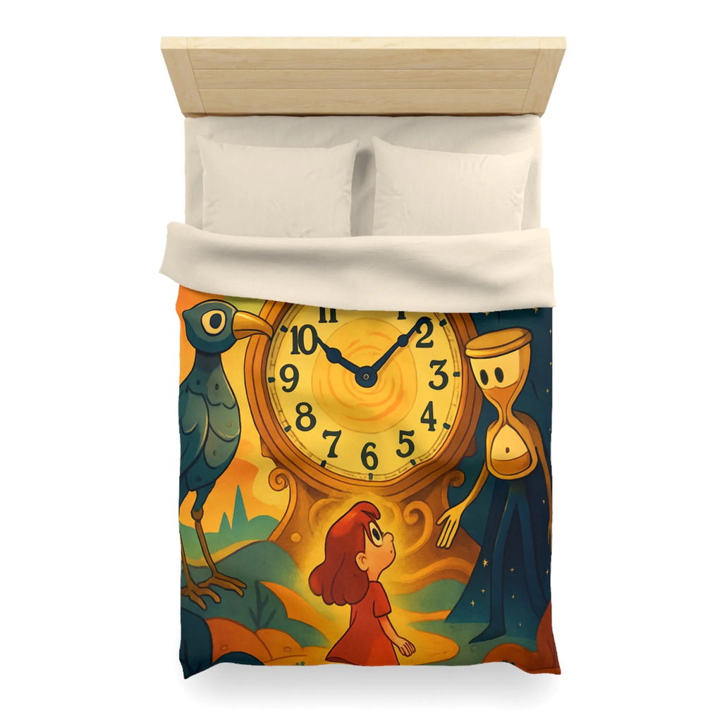 Housse de couette fantastique avec horloge magique et personnages mystérieux en illustration onirique