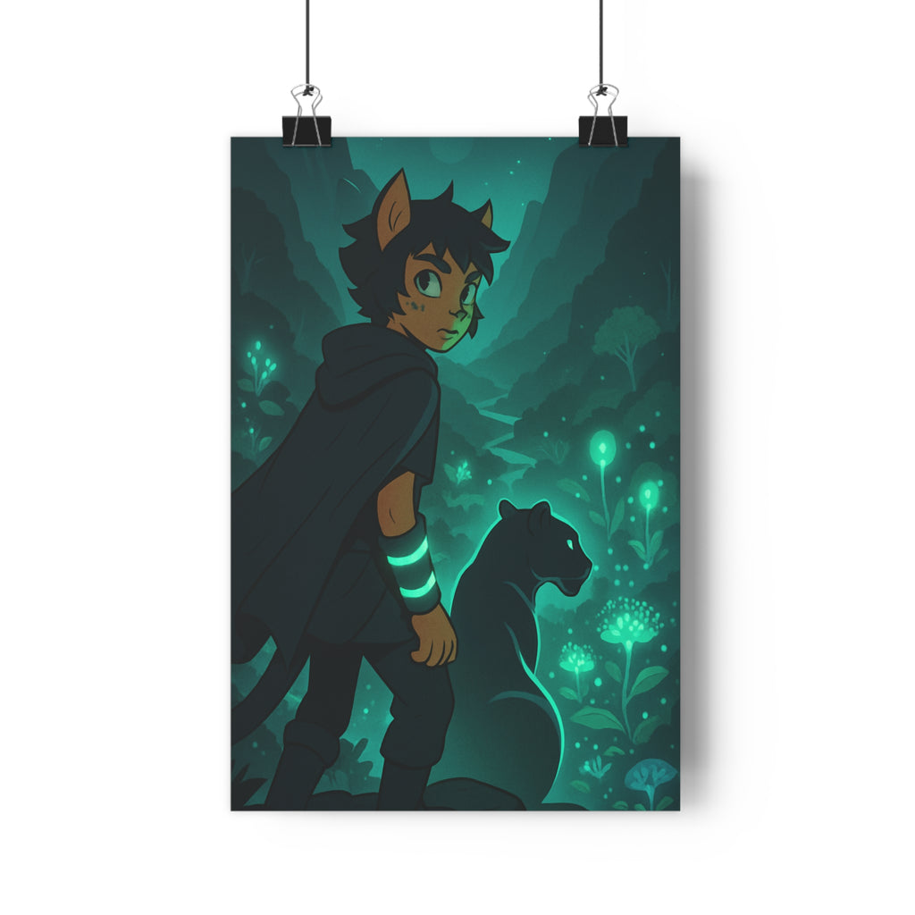 Poster décoratif aventure jungle mystique vert bleu félin panthère fantastique chambre salon 30x46 cm