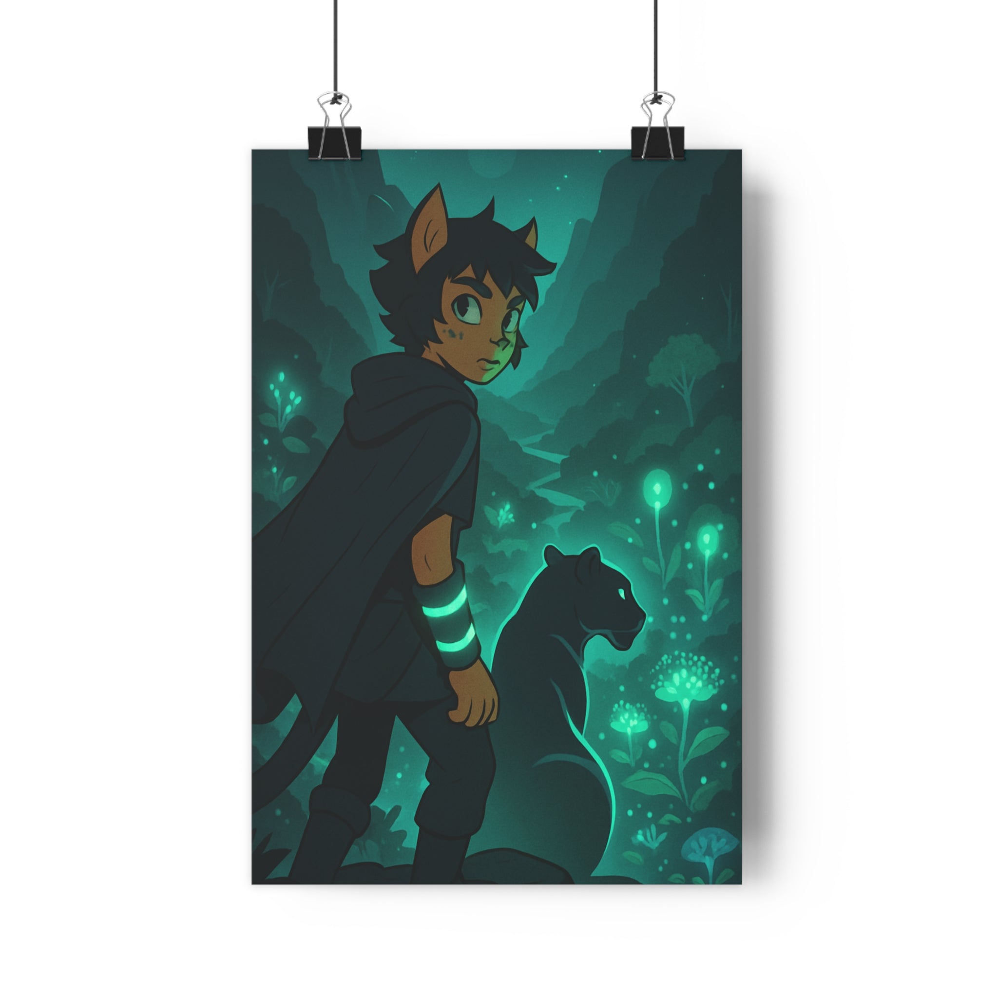 Poster décoratif aventure jungle mystique vert bleu félin panthère fantastique chambre salon 30x46 cm