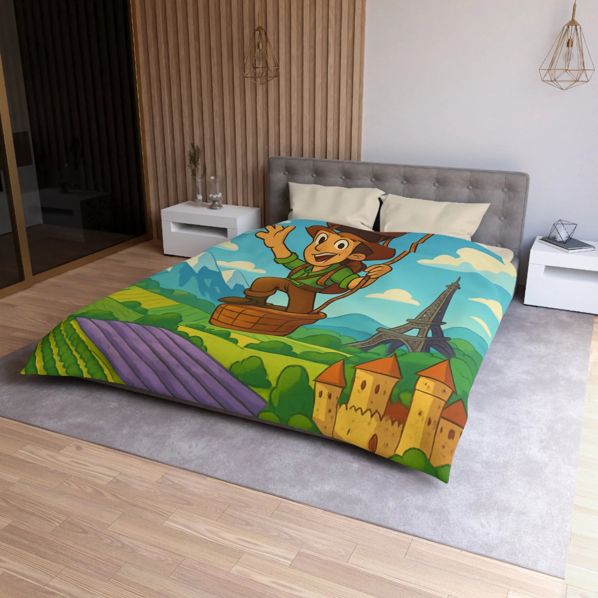 Charmant voyageur en montgolfière surplombant paysages français, champs et monuments emblématiques