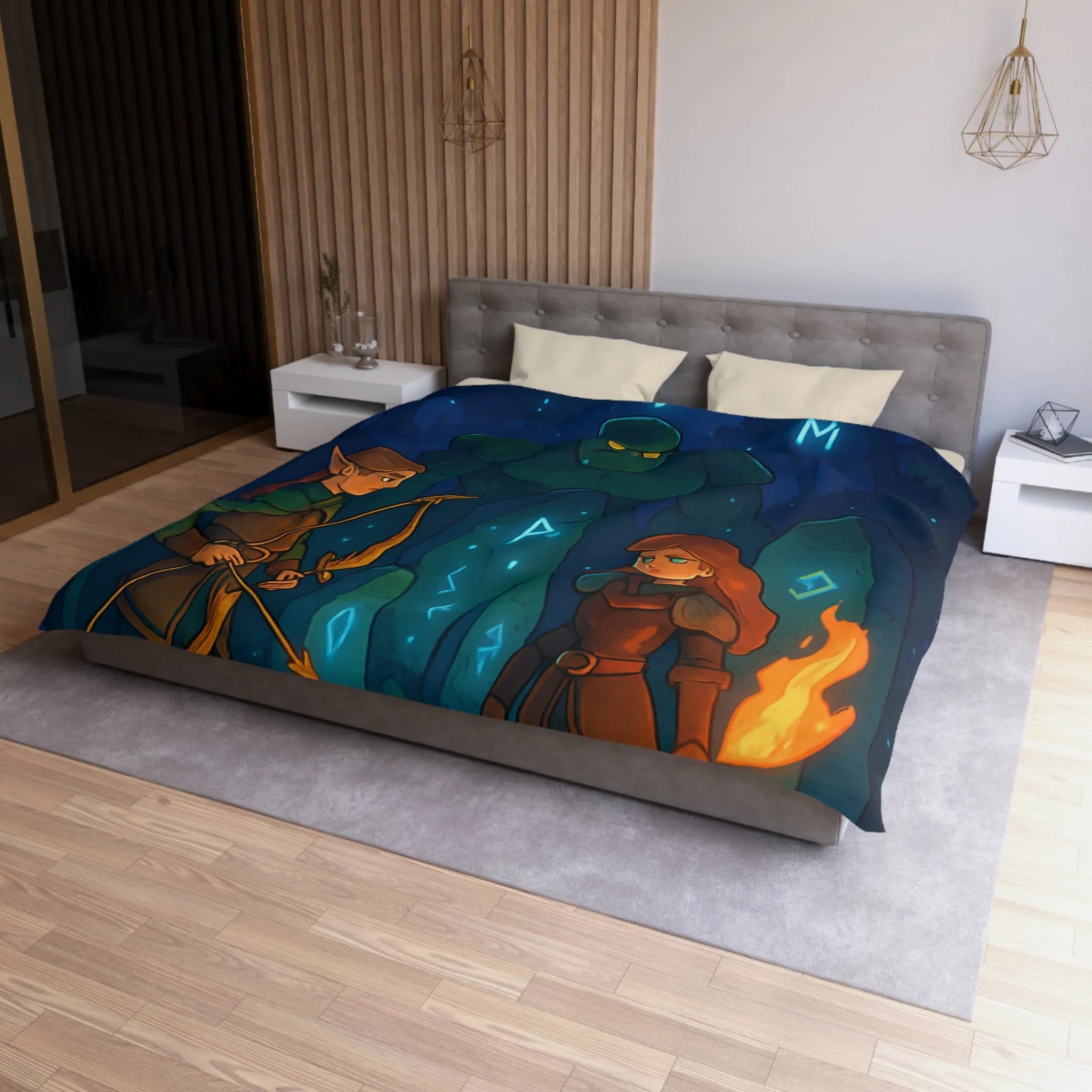 Housse de couette avec illustration de forêt mystique illuminée par runes magiques et lune