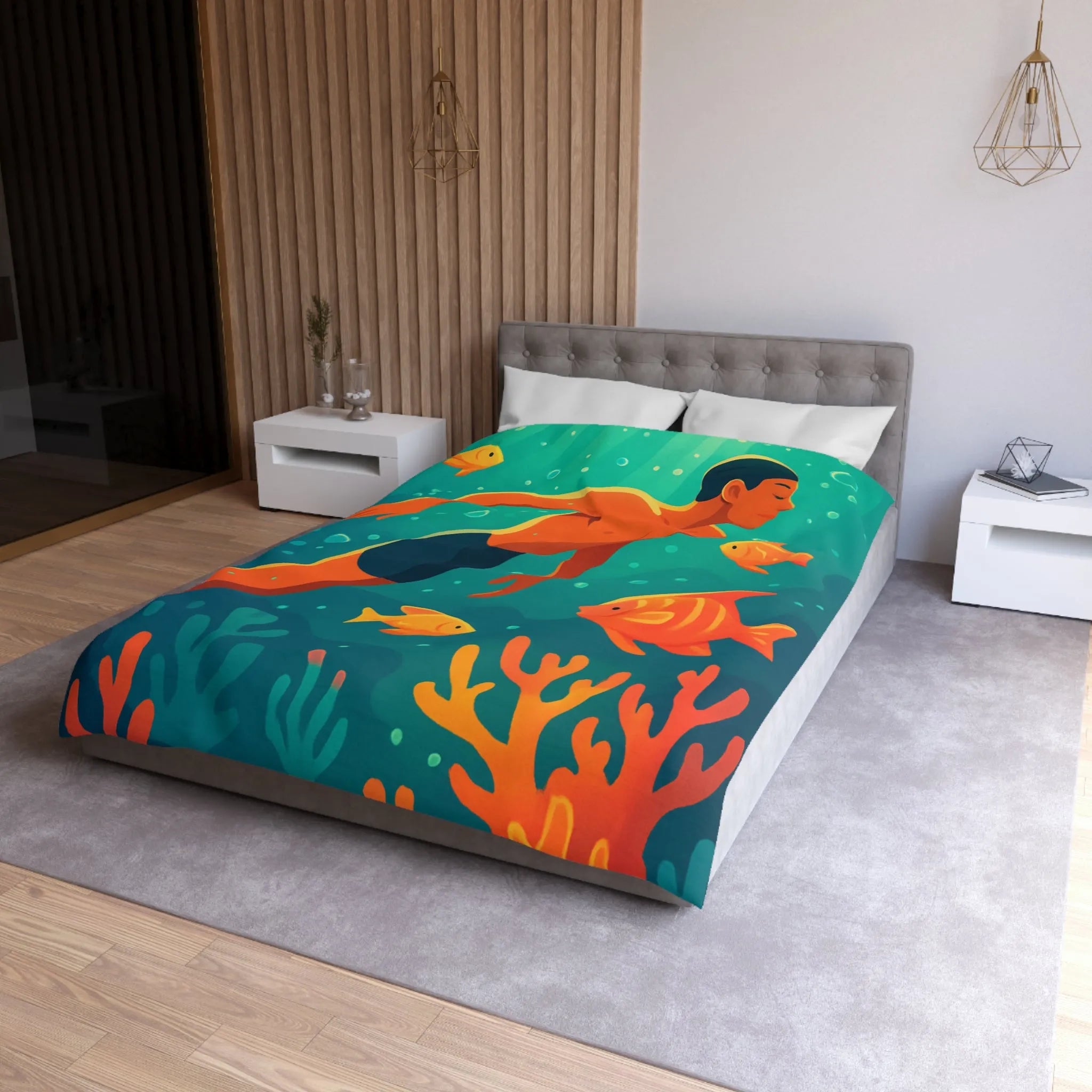 Housse de couette avec motif nageur et poissons tropicaux vifs pour chambre apaisante