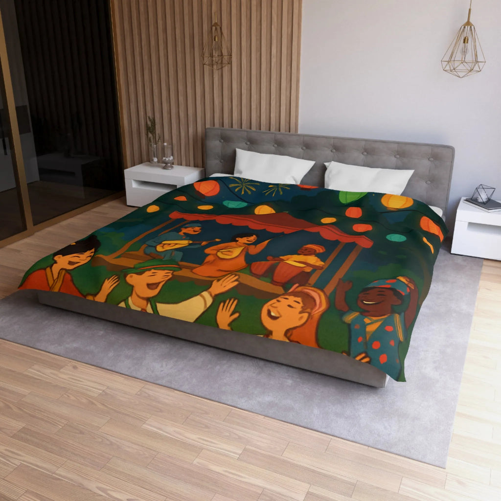 Housse de Couette Enfant Festive avec Lanternes Colorées et Scène de Musique en Plein Air