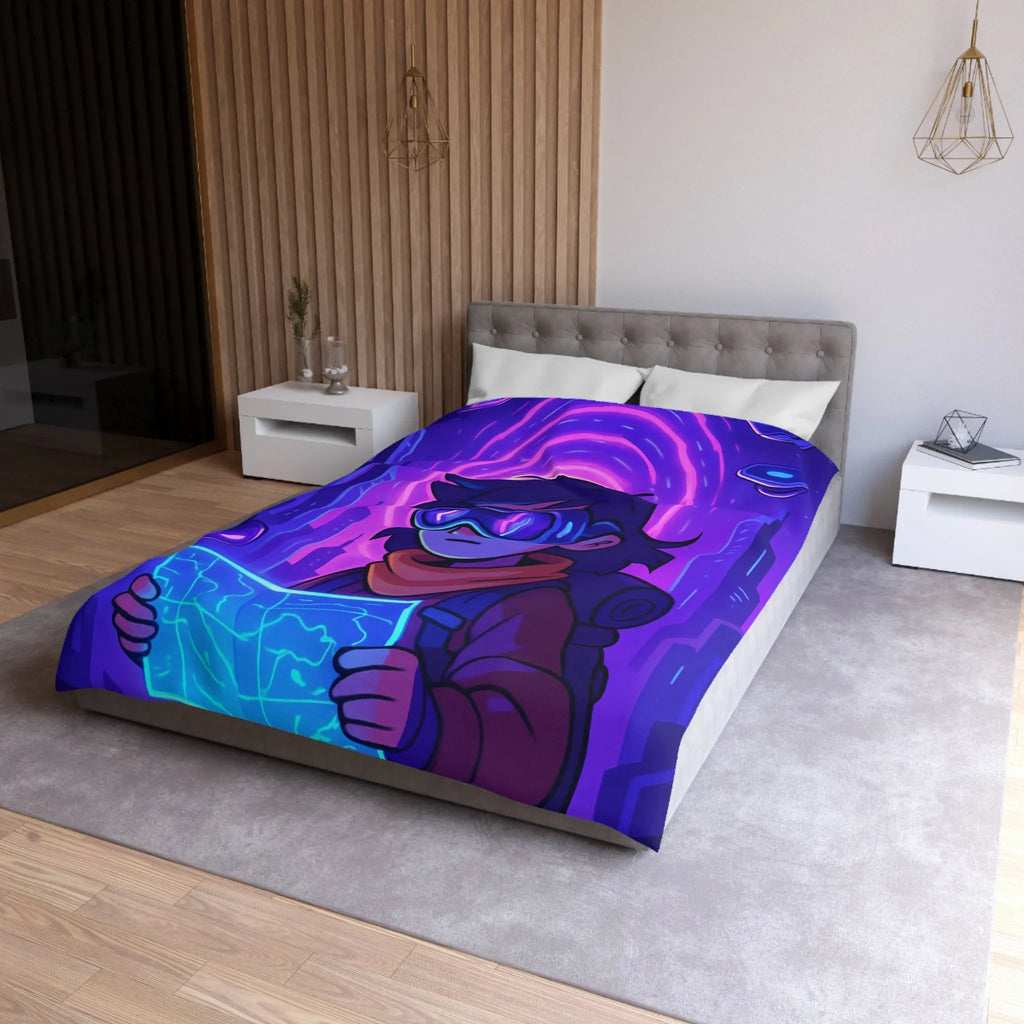 Housse de couette bleue violette style futuriste avec personnage et carte néon