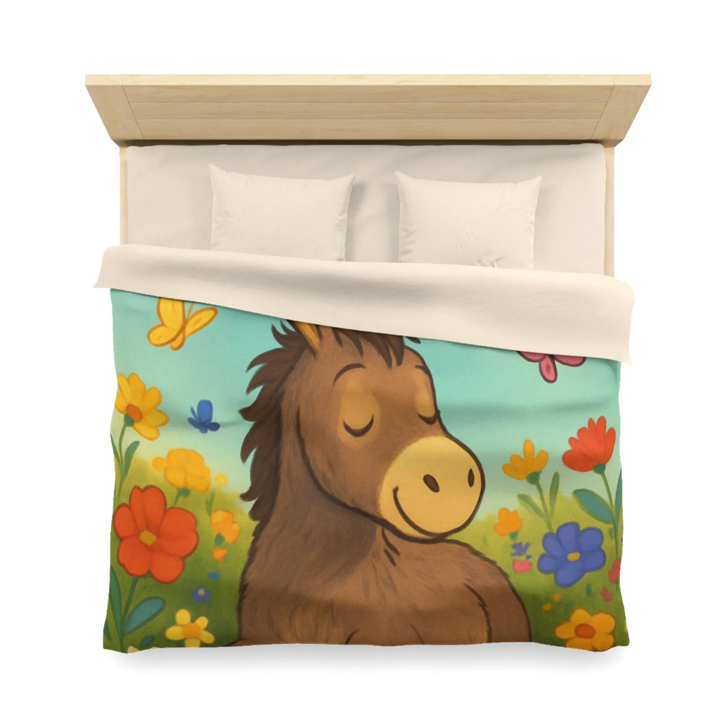 Housse de couette enfant Âne endormi, fleurs colorées et papillons dans un pré