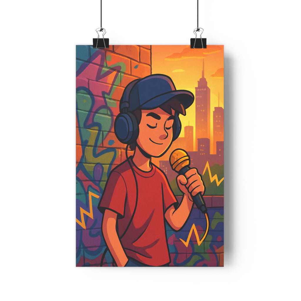 Poster décoratif urbain hiphop jeune rappeur micro doré graffiti vibrant orange jaune cartoon chambre