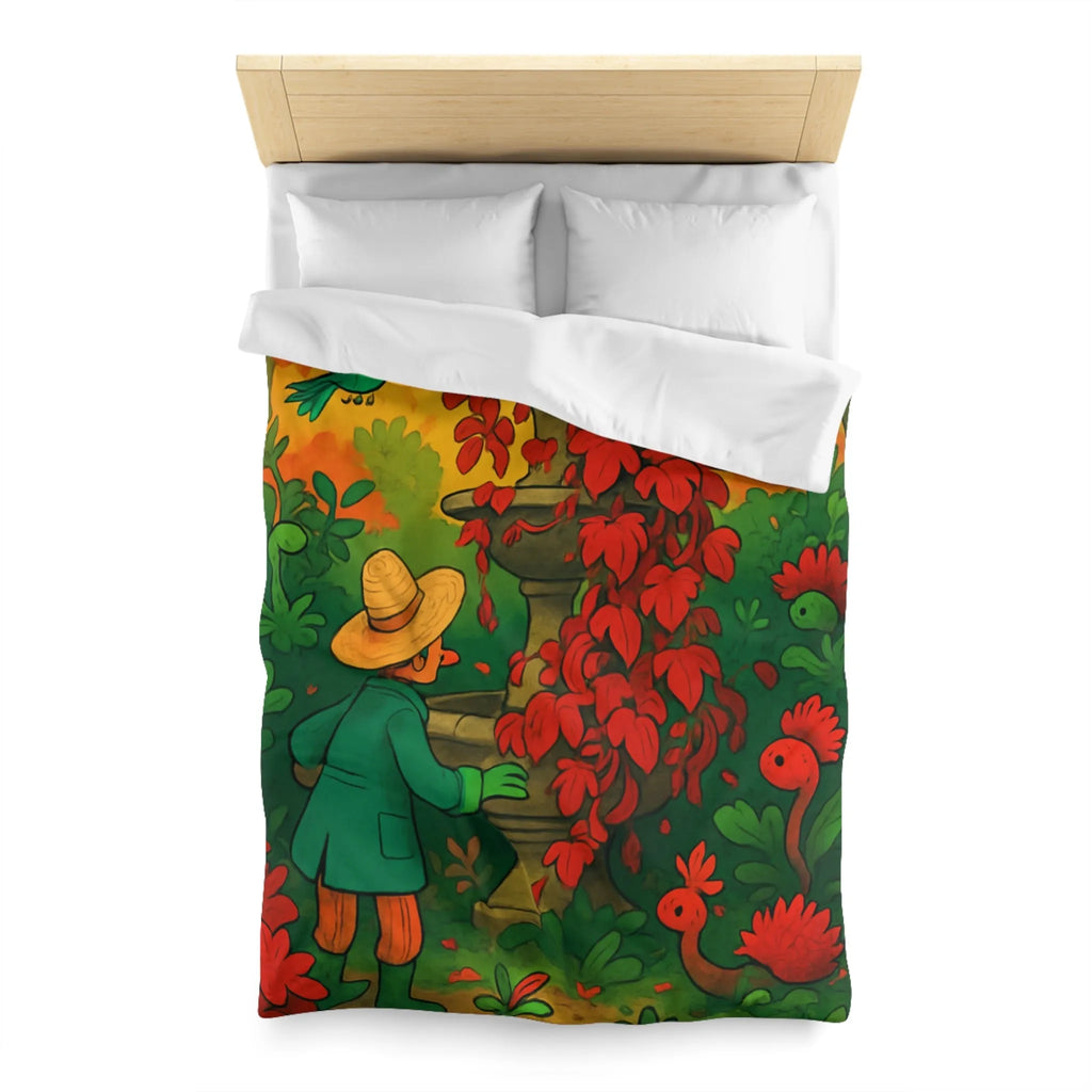 Housse de couette jardin enchanté avec fontaine et fleurs rouges pour chambre colorée