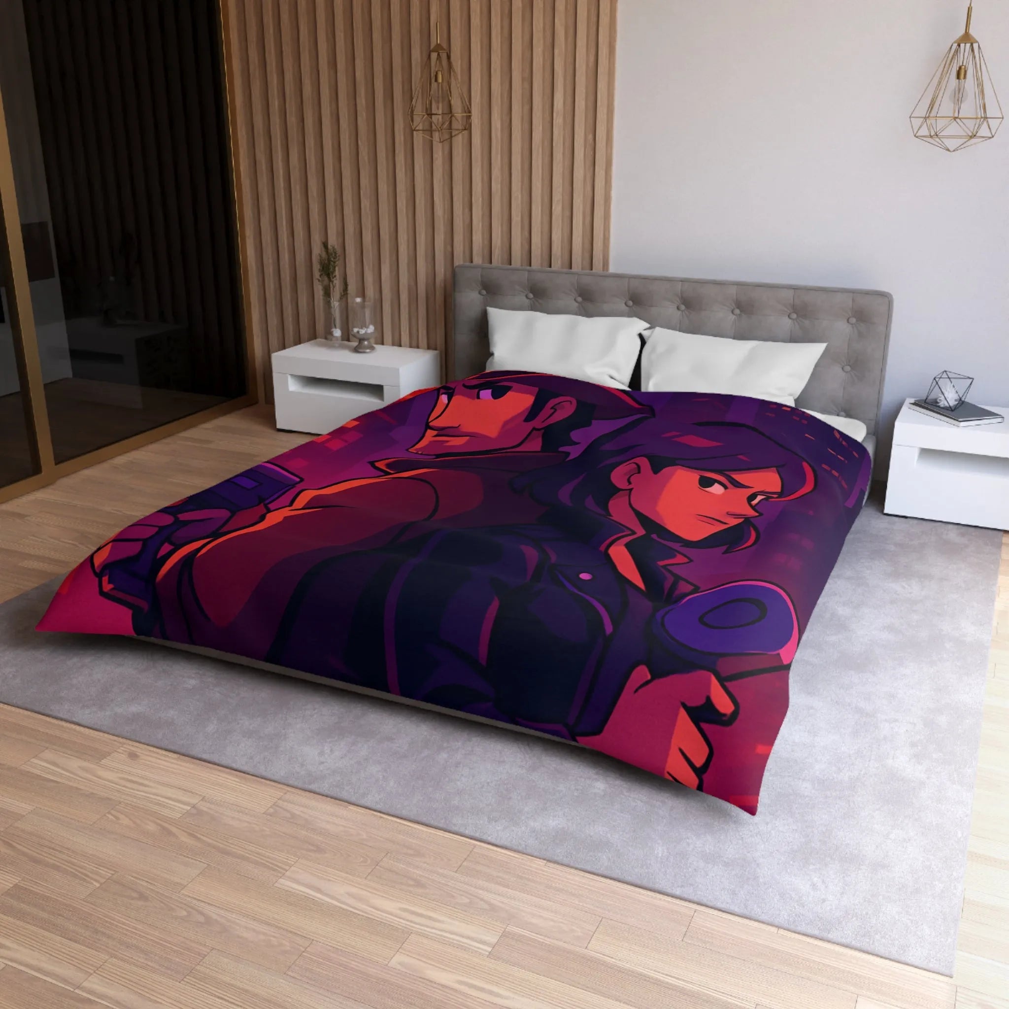 Housse de couette aventure urbaine avec duo de détectives dans néons lumineux