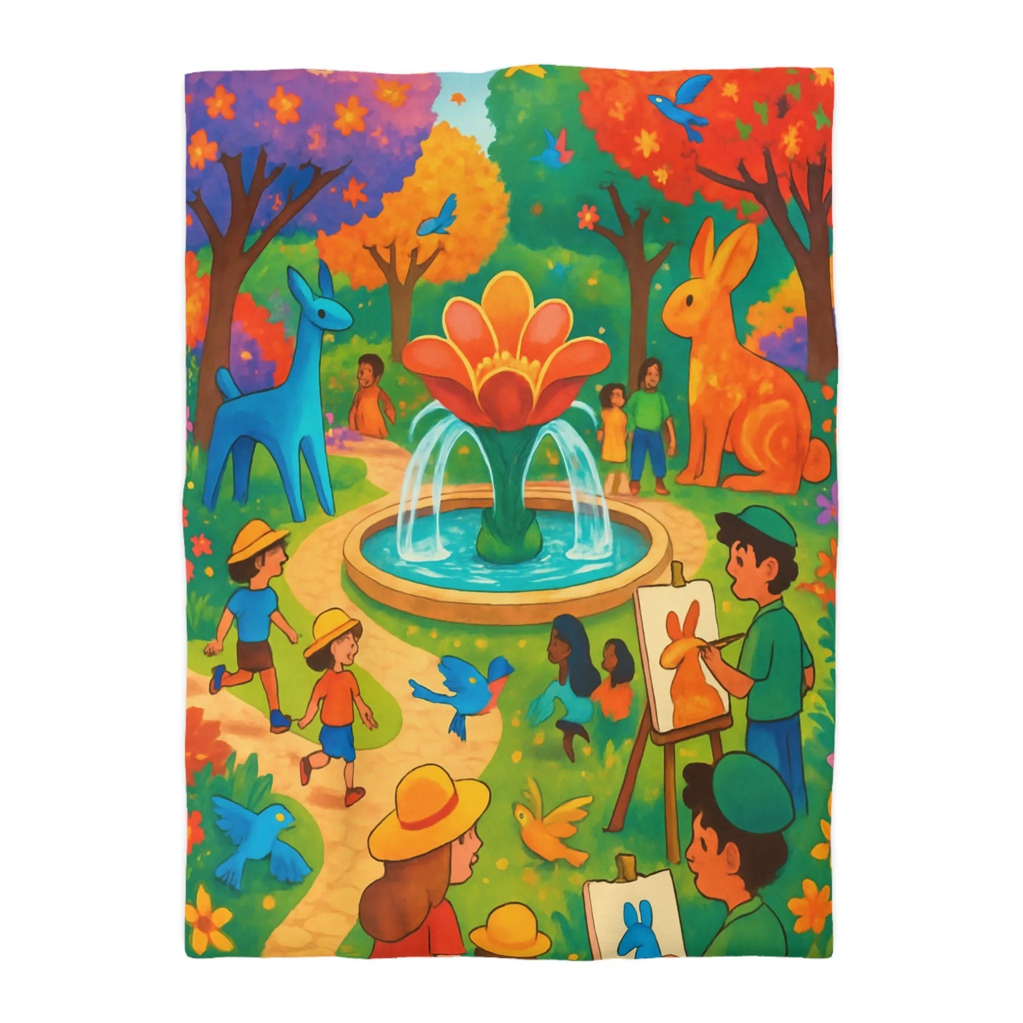 Housse de couette colorée avec animaux fantastiques, enfants et fontaine au parc artistique