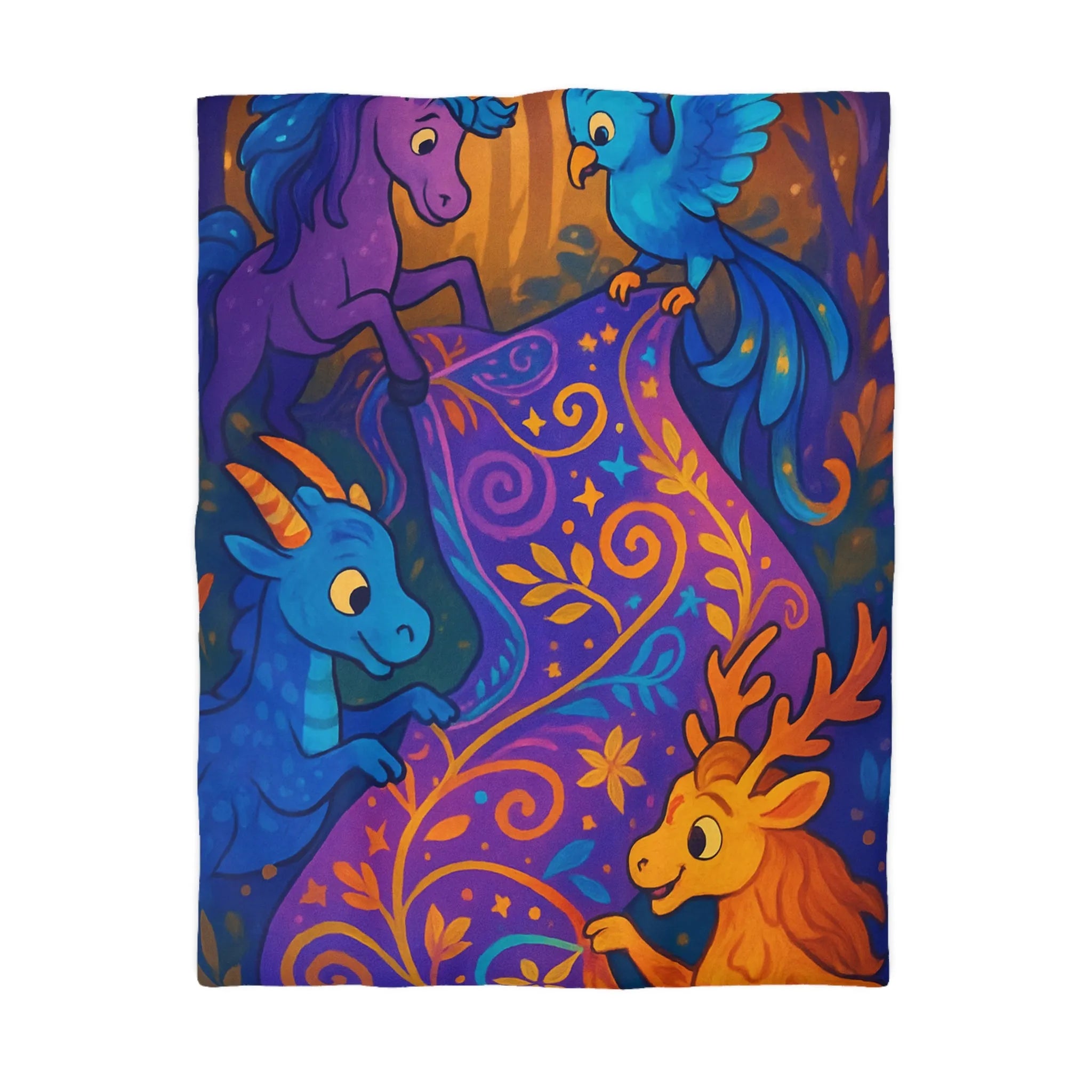 Housse de Couette Féérique Avec Créatures Magiques Colorées et Motif Floral Envoûtant