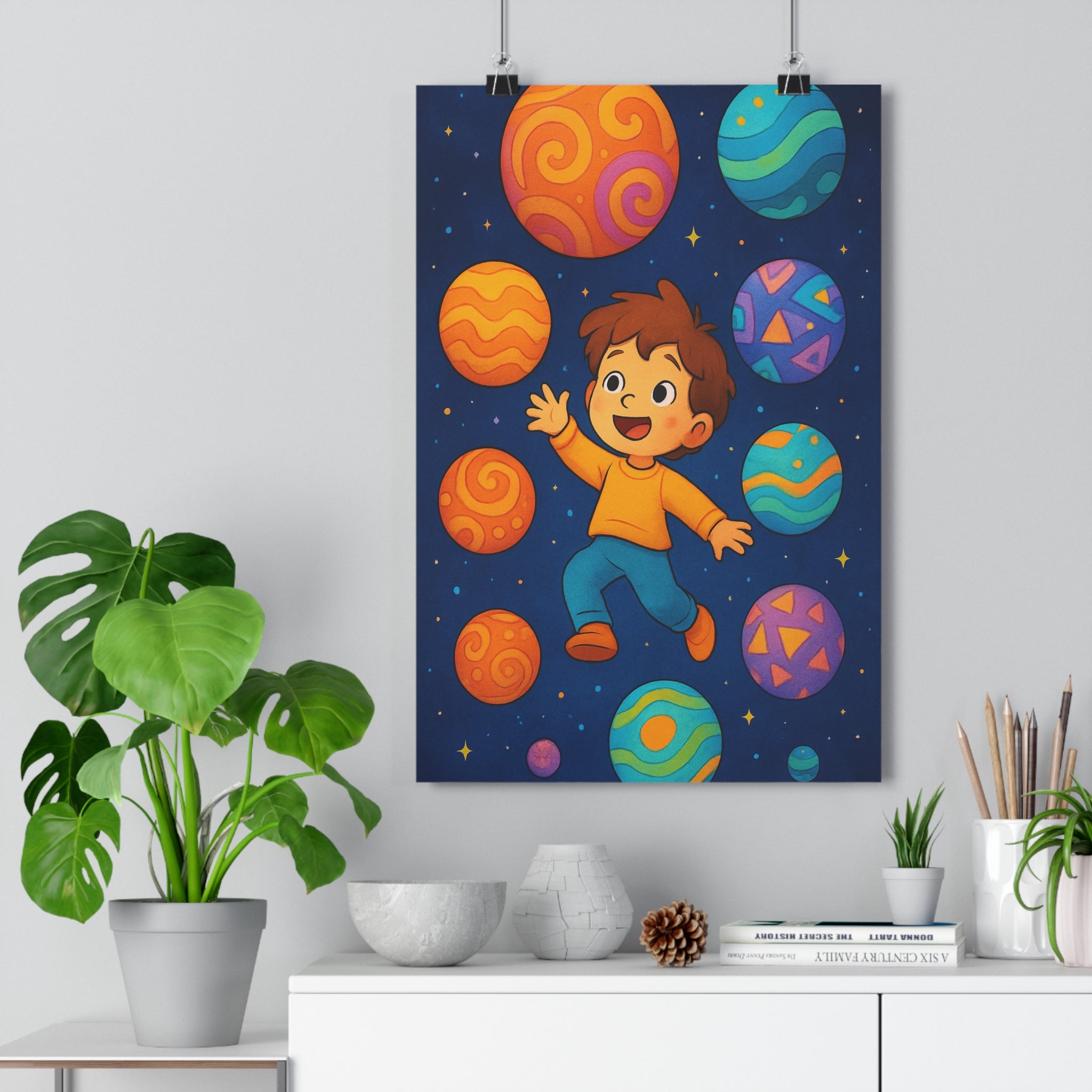 Poster décoratif enfant art conte bleu orange violet rêveur chambre joyeux 30x46 système solaire