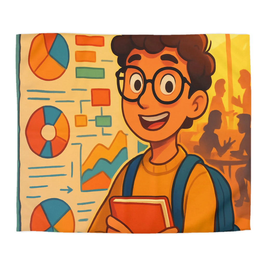 Housse de couette avec motif graphique coloré et personnage étudiant portant lunettes
