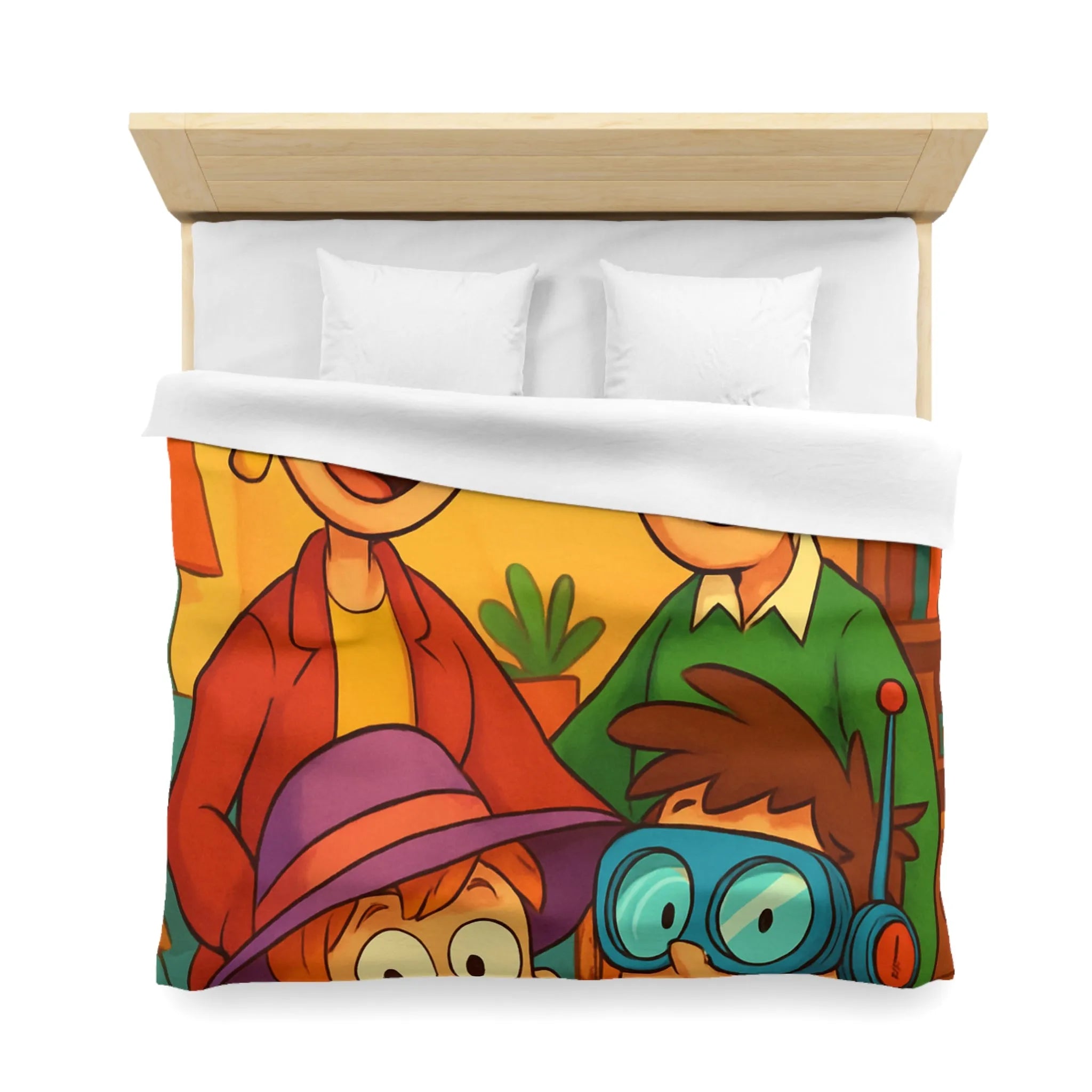 Housse de couette joyeuse avec une famille amusante et colorée, lunettes originales