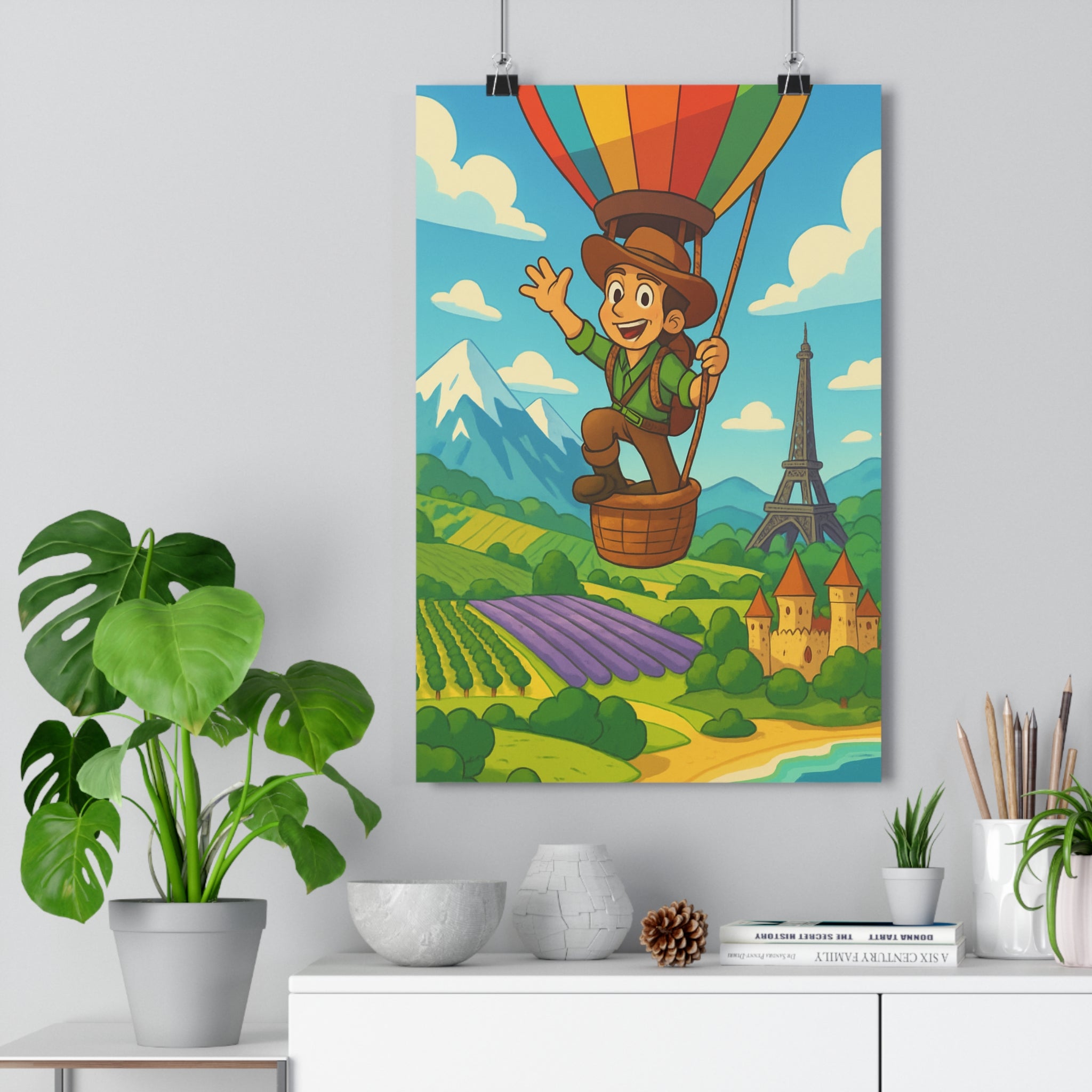 Poster décoratif vibrant carte France cartoon joyeux enfant chambre salon coloré ludique montgolfière paysage