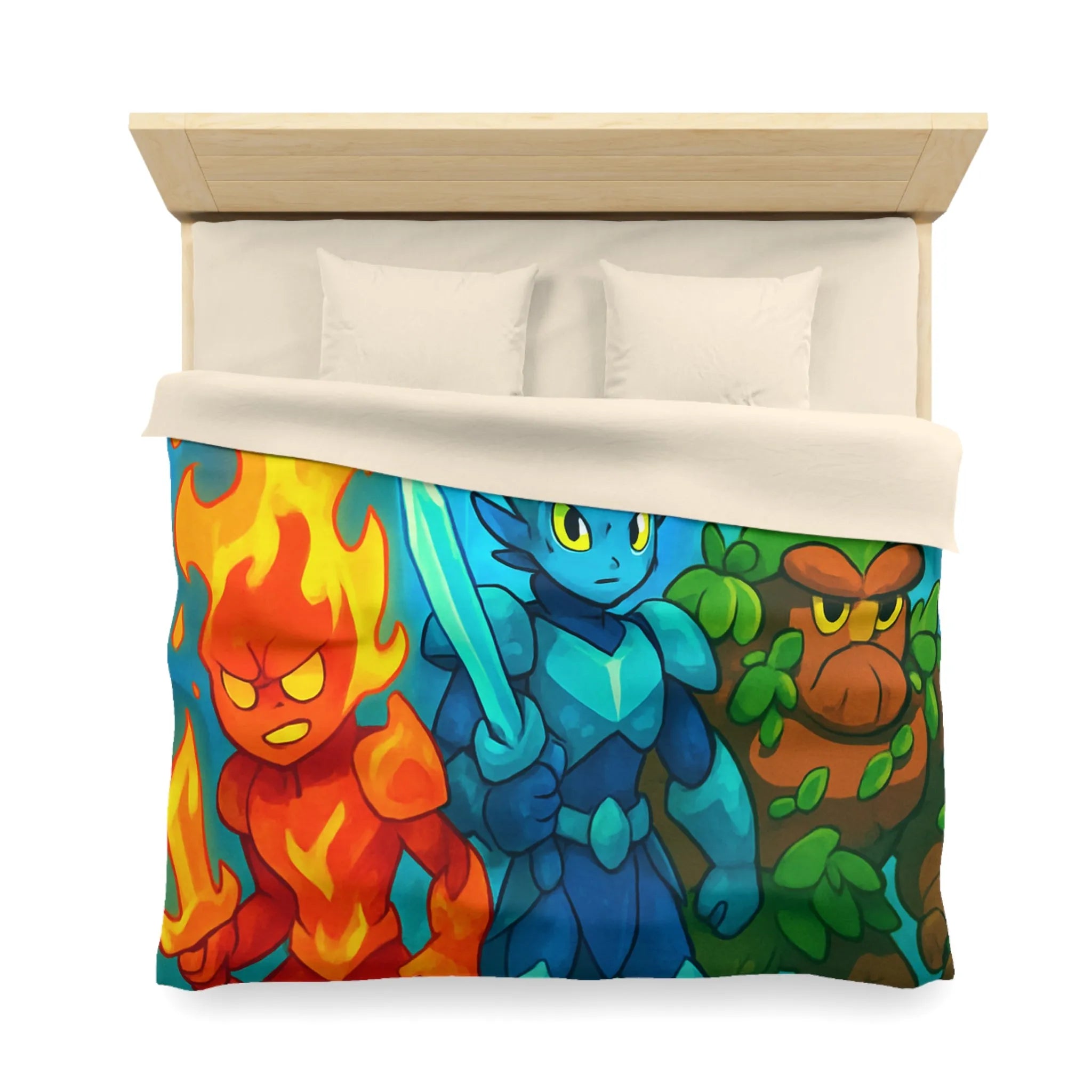 Housse de couette avec personnages élémentaires : feu, glace et terre, ambiance fantastique