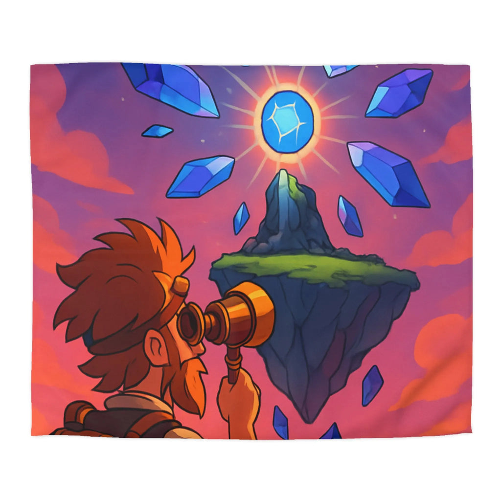 Housse de couette aventure fantastique avec cristaux flottants et scientifique explorateur