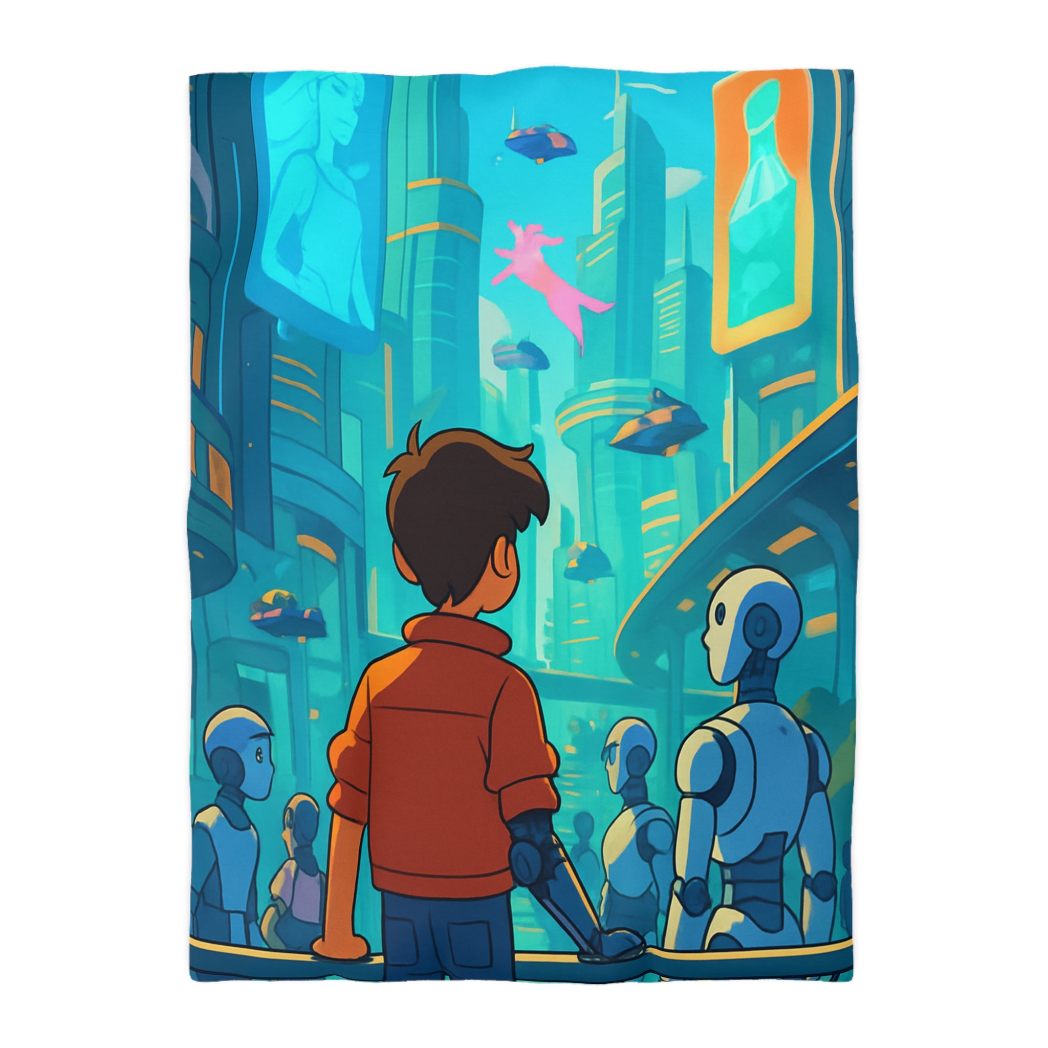 Housse de couette urbaine futuriste avec robots et affiches lumineuses pour chambre moderne