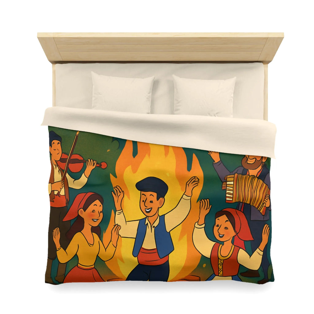 Housse de couette colorée danse folklorique autour du feu avec musiciens traditionnels