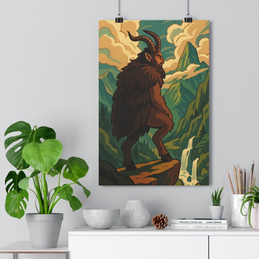 Poster décoratif montagne cartoon créature mystérieuse paysage serein terreux blanc salon bureau 30x46 qualité