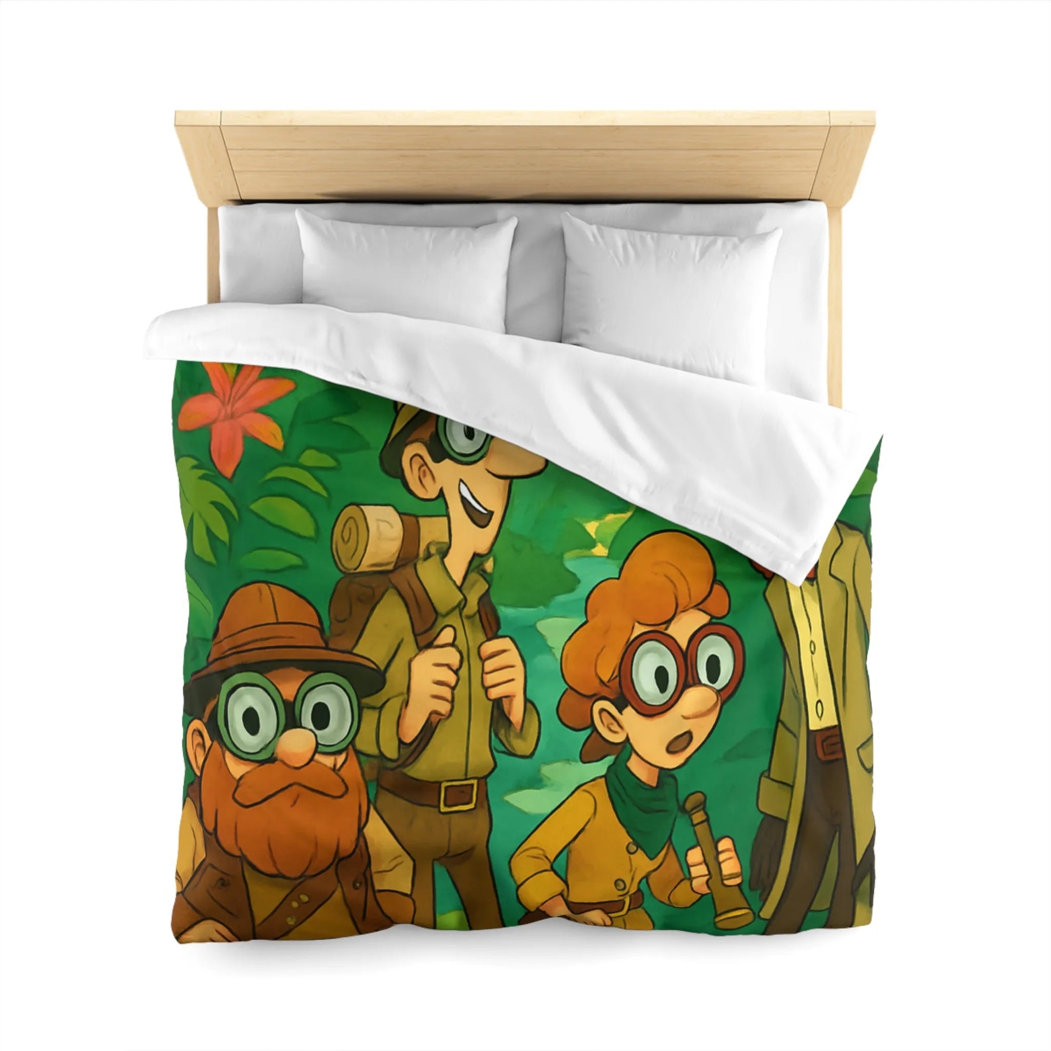 Housse de couette jungle colorée avec explorateurs, perroquet et singe aventureux