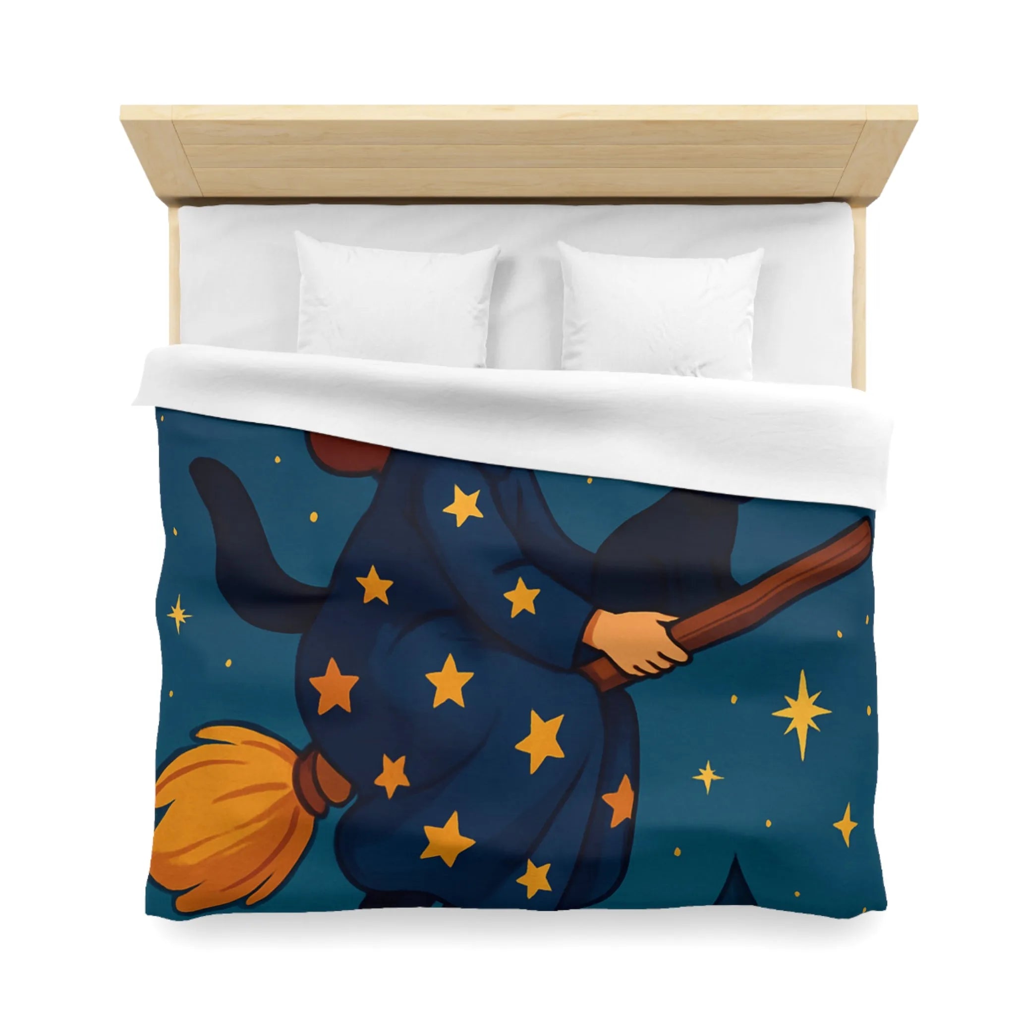 Housse de Couette Enfant Fantaisie Sorcière et Chat Noir sur Balai Nocturne