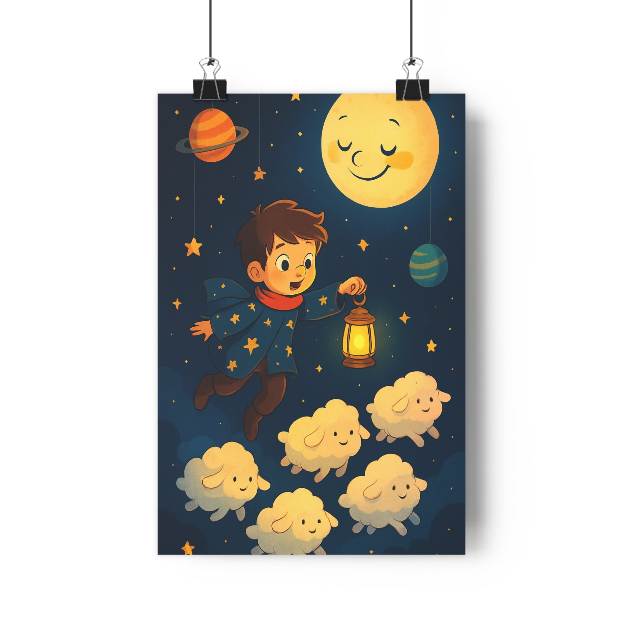 Poster décoratif cartoon mystique bleu jaune enfant aventure rêveur chambre ambiance céleste étoilé illustration