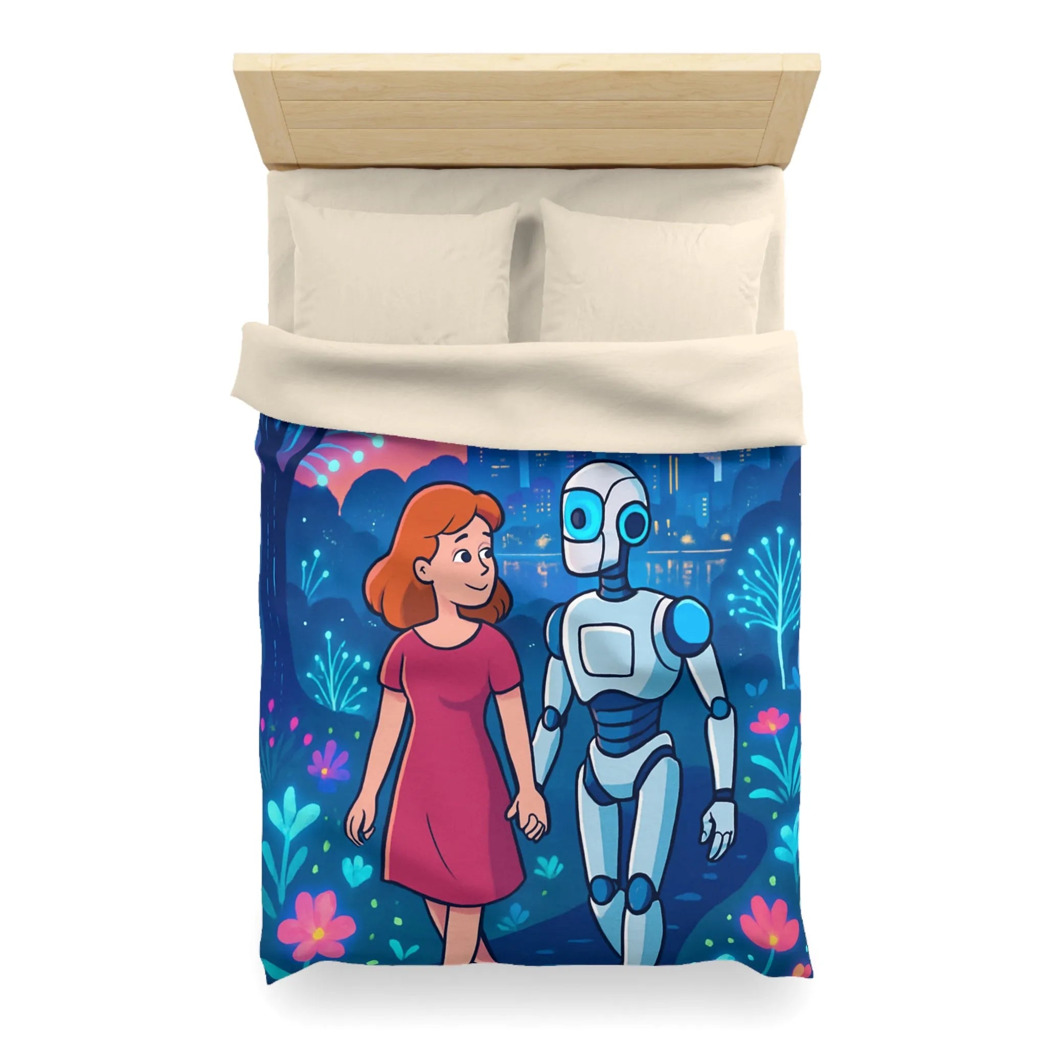 Housse de Couette Enchantée: Enfant et Robot dans un Univers Coloré et Futuriste