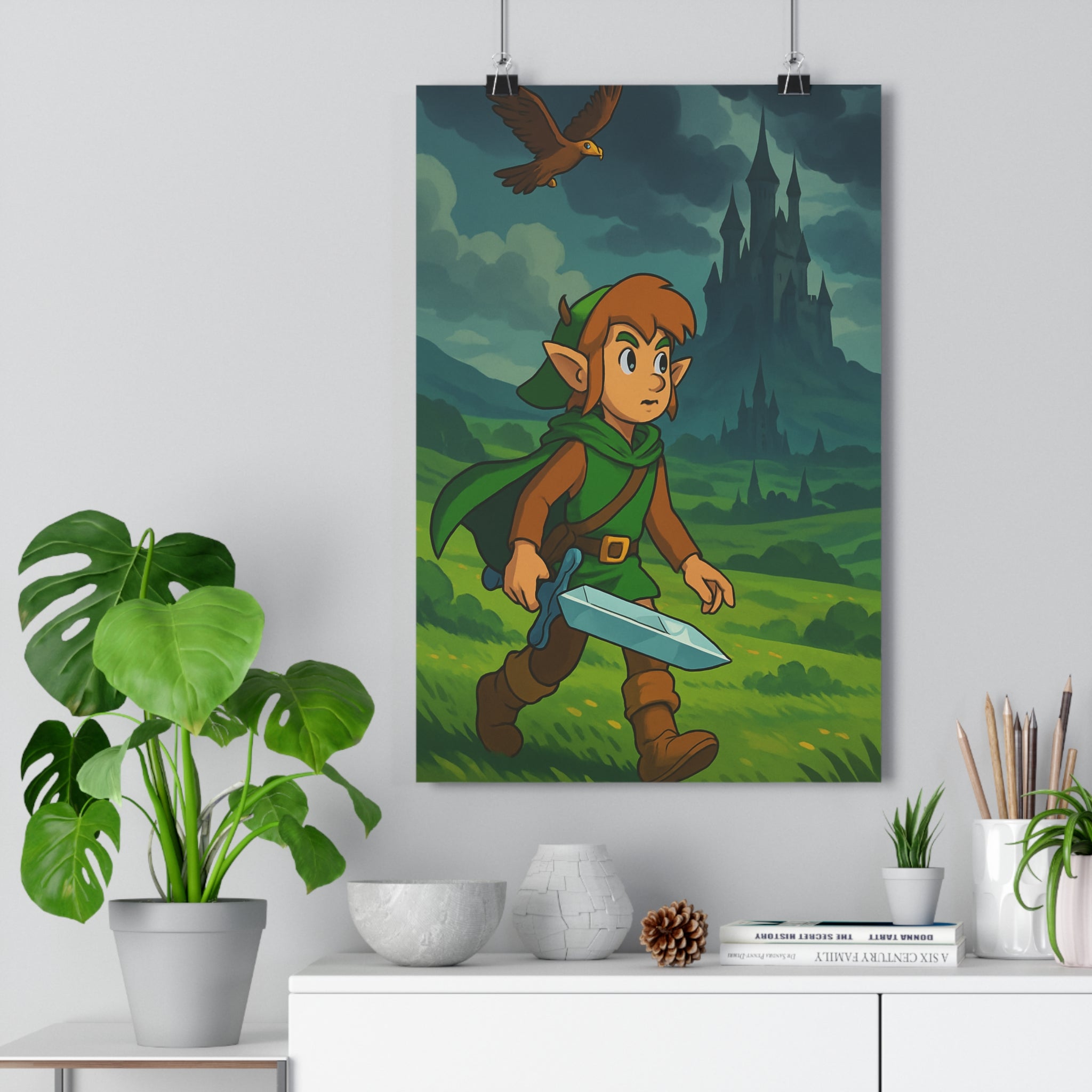 Poster décoratif aventurier épée scintillante vert aventure mystique dessin animé vibrant chambre enfant décoration