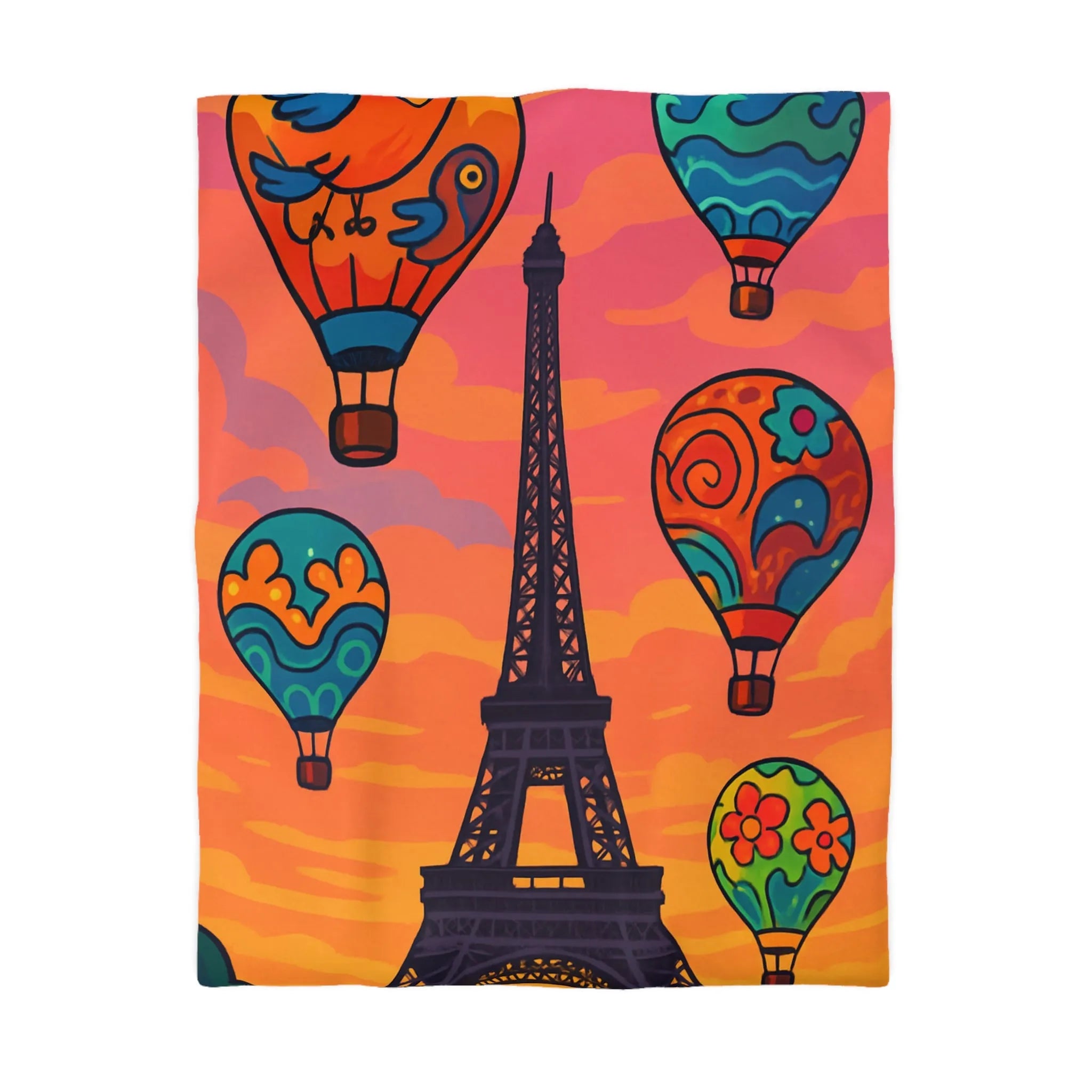 Housse de couette colorée avec montgolfières et tour Eiffel en coucher de soleil