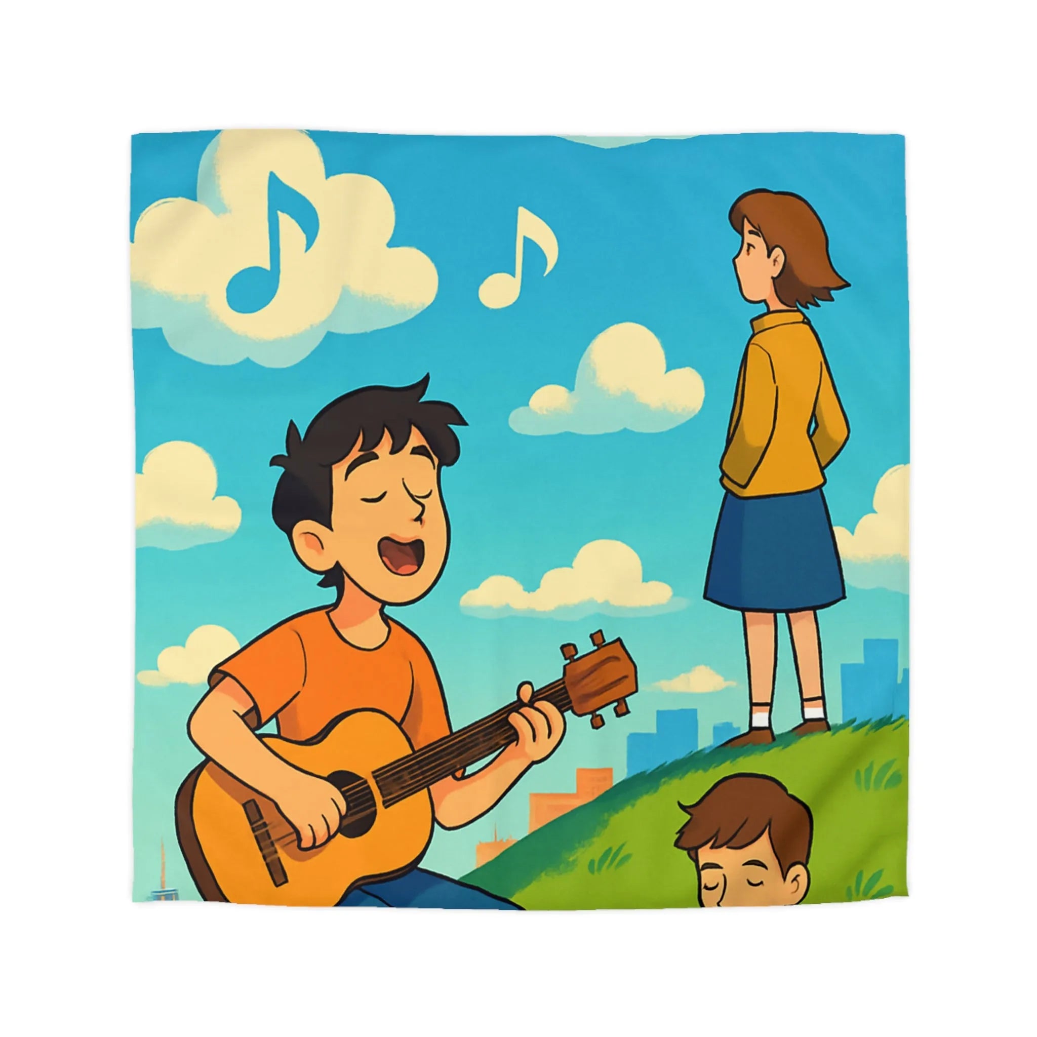 Housse de couette avec personnages chantant et lisant sur colline ensoleillée