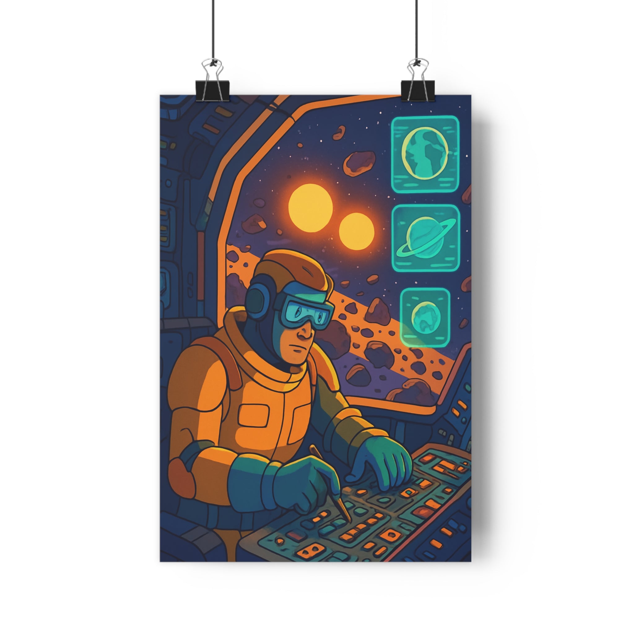 Poster décoratif rétrofuturiste bleu orange aventure espace salon bureau captivant hologramme technologie solaire qualité