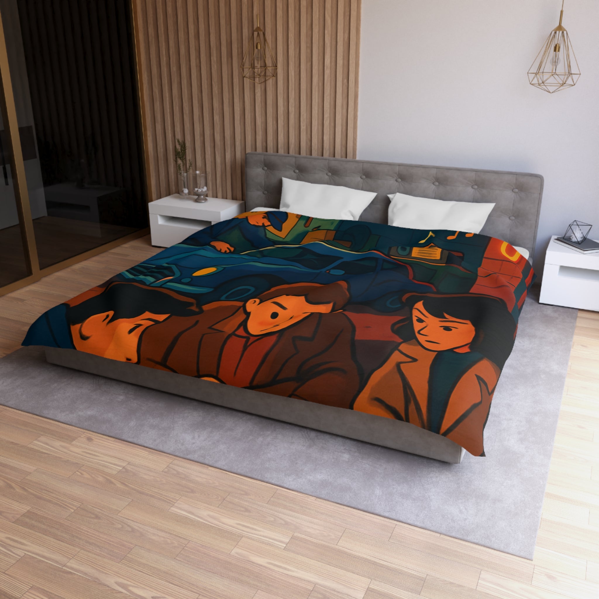 Housse de couette vintage ambiance atelier auto avec carte et personnages concentrés