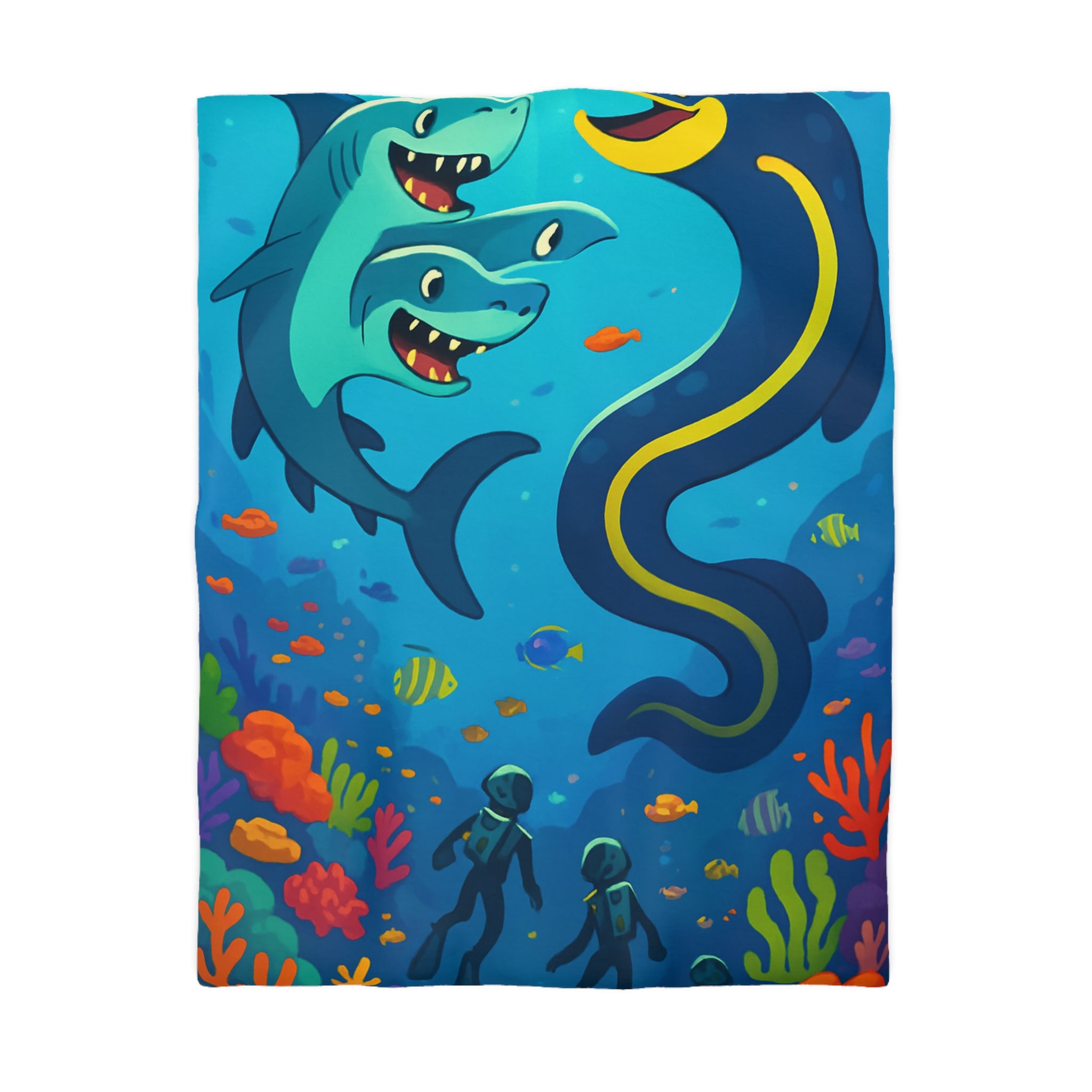 Housse de couette océan vibrante avec requins amicaux et plongeurs explorateurs