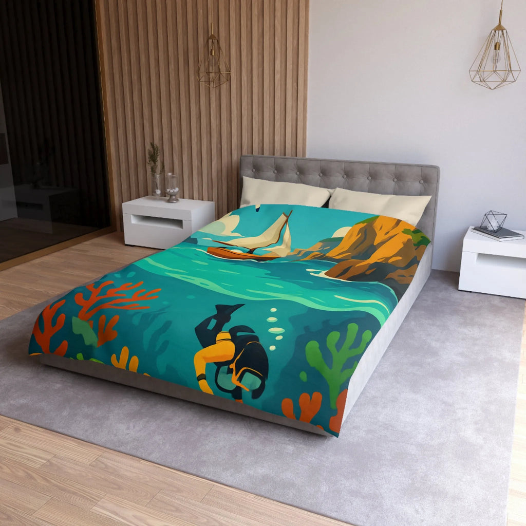 Housse de couette maritime avec plongée, voilier, falaises et récifs colorés