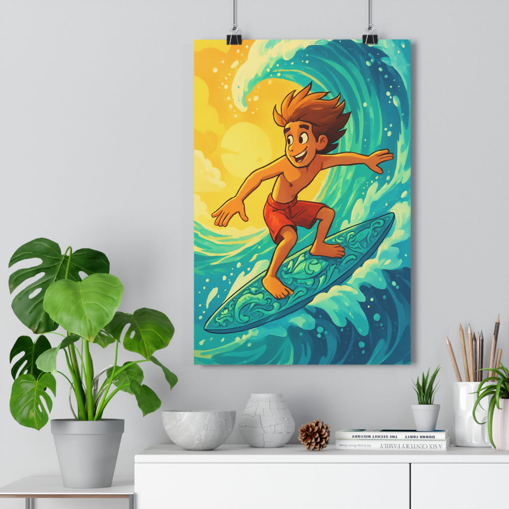 Poster décoratif cartoon surf enfant bleu rouge turquoise joyeux été chambre fun dynamique tendance