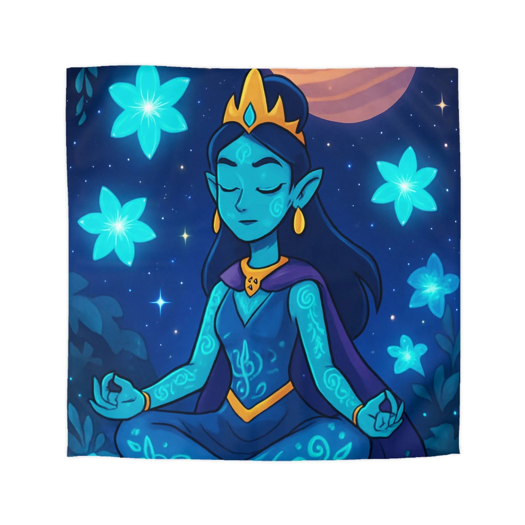 Housse de Couette Élégante avec Déesse Méditative et Étoiles, Ambiance Nocturne Mystique