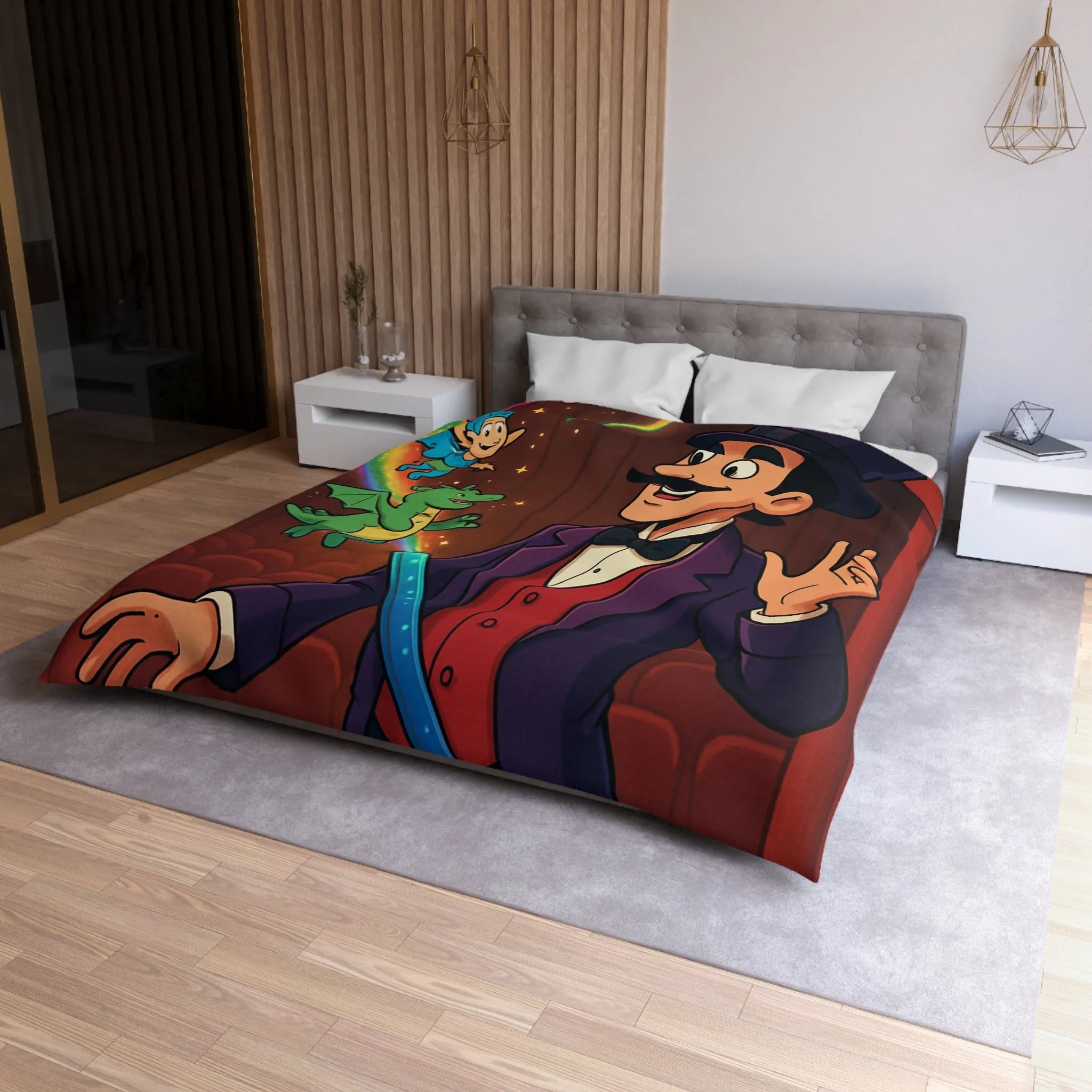 Housse de couette magique avec scène enchantée de créatures et magicien coloré