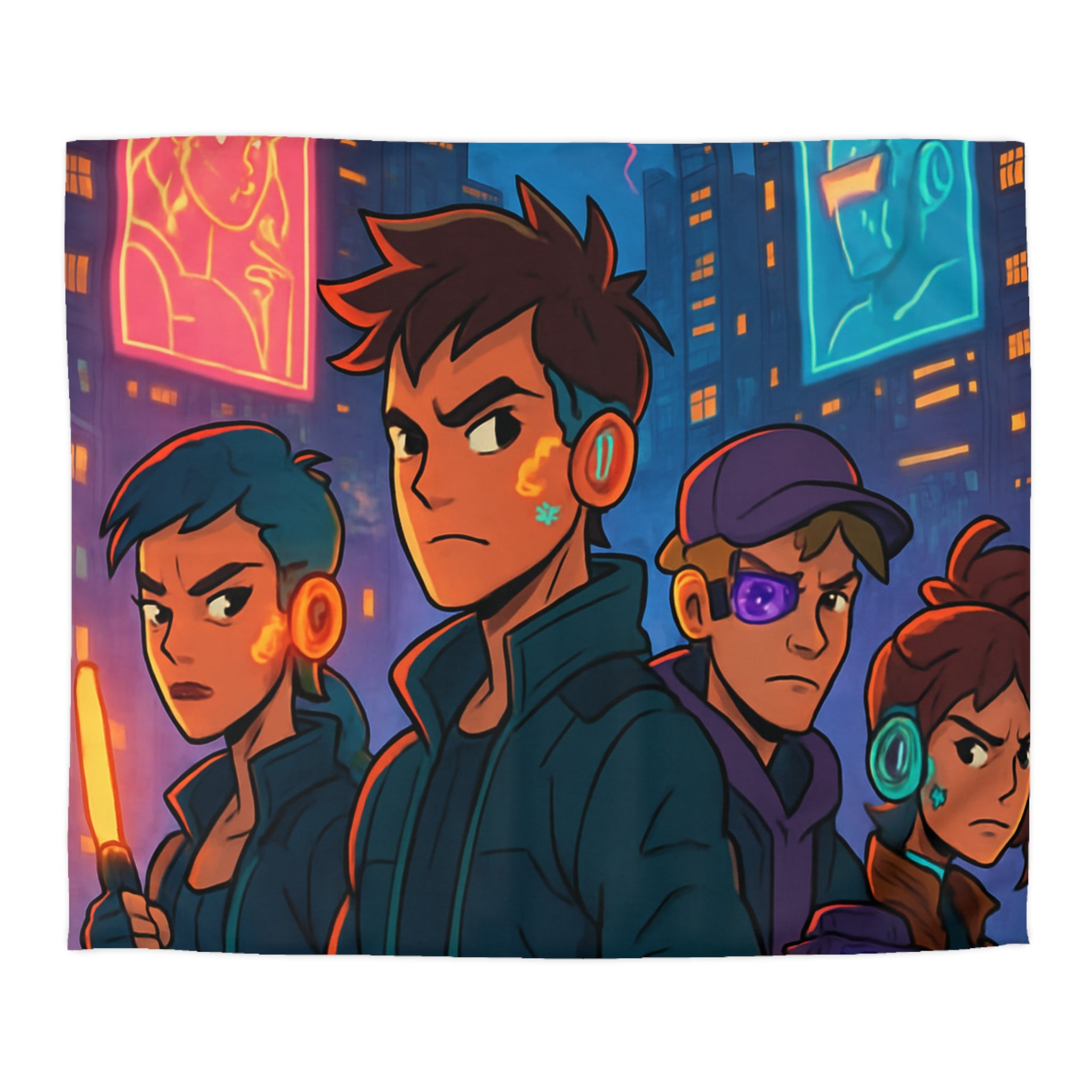 Housse de couette style rétro futuriste avec scène urbaine néon et personnages cyberpunk