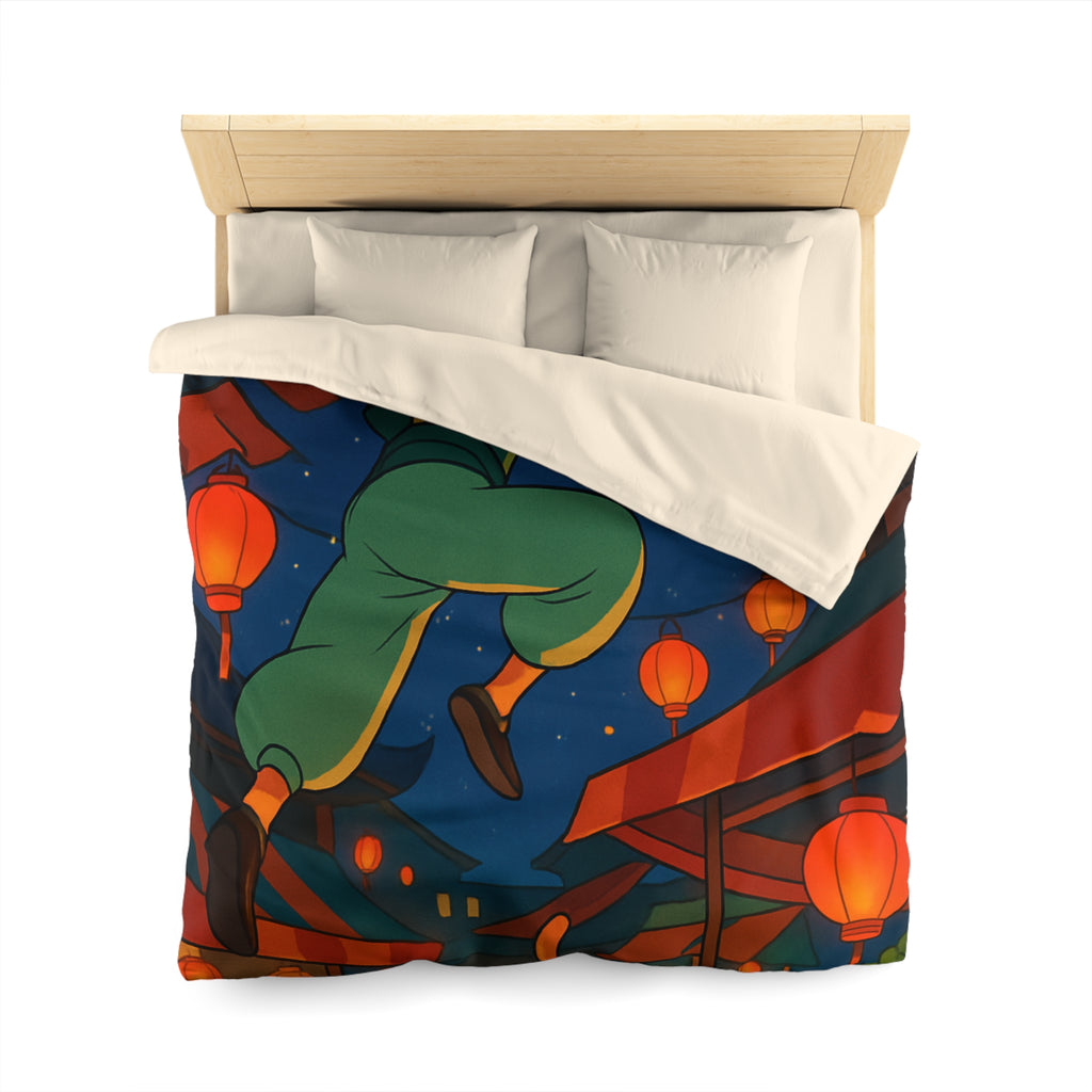 Housse de couette vibrante inspirée d'une scène de marché asiatique nocturne étoilé