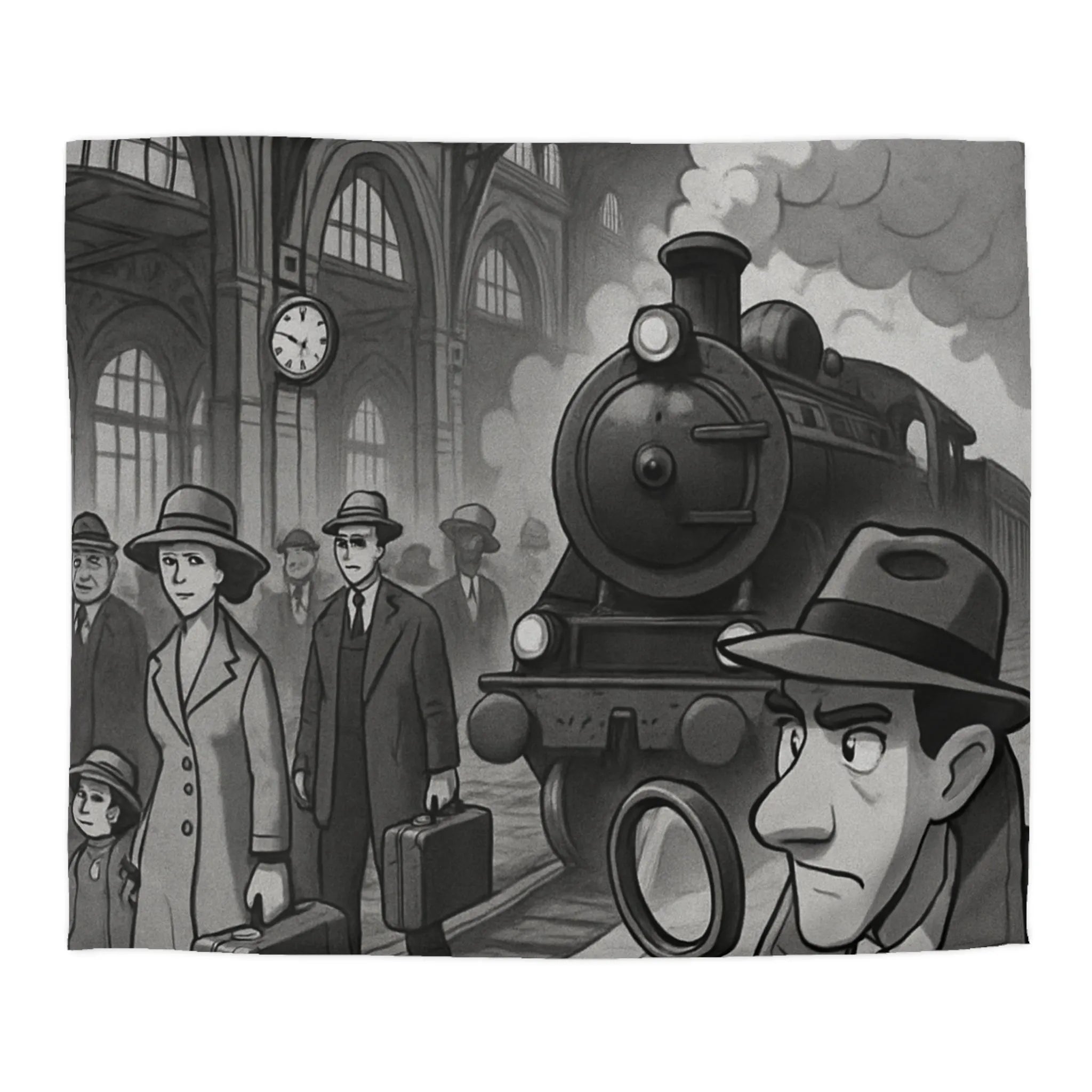 Élégante housse de couette rétro avec train à vapeur et ambiance mystérieuse noir et blanc