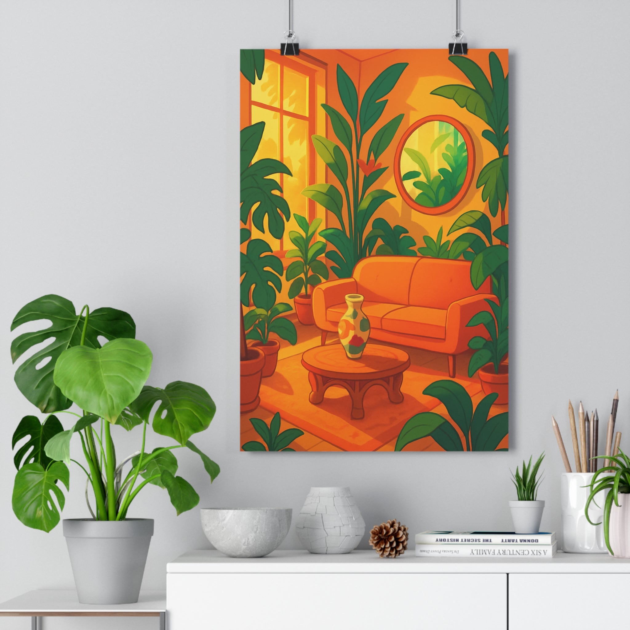 Poster décoratif cartoon pastel vert orange salon relaxant tropical chic maison apaisant mural intérieur