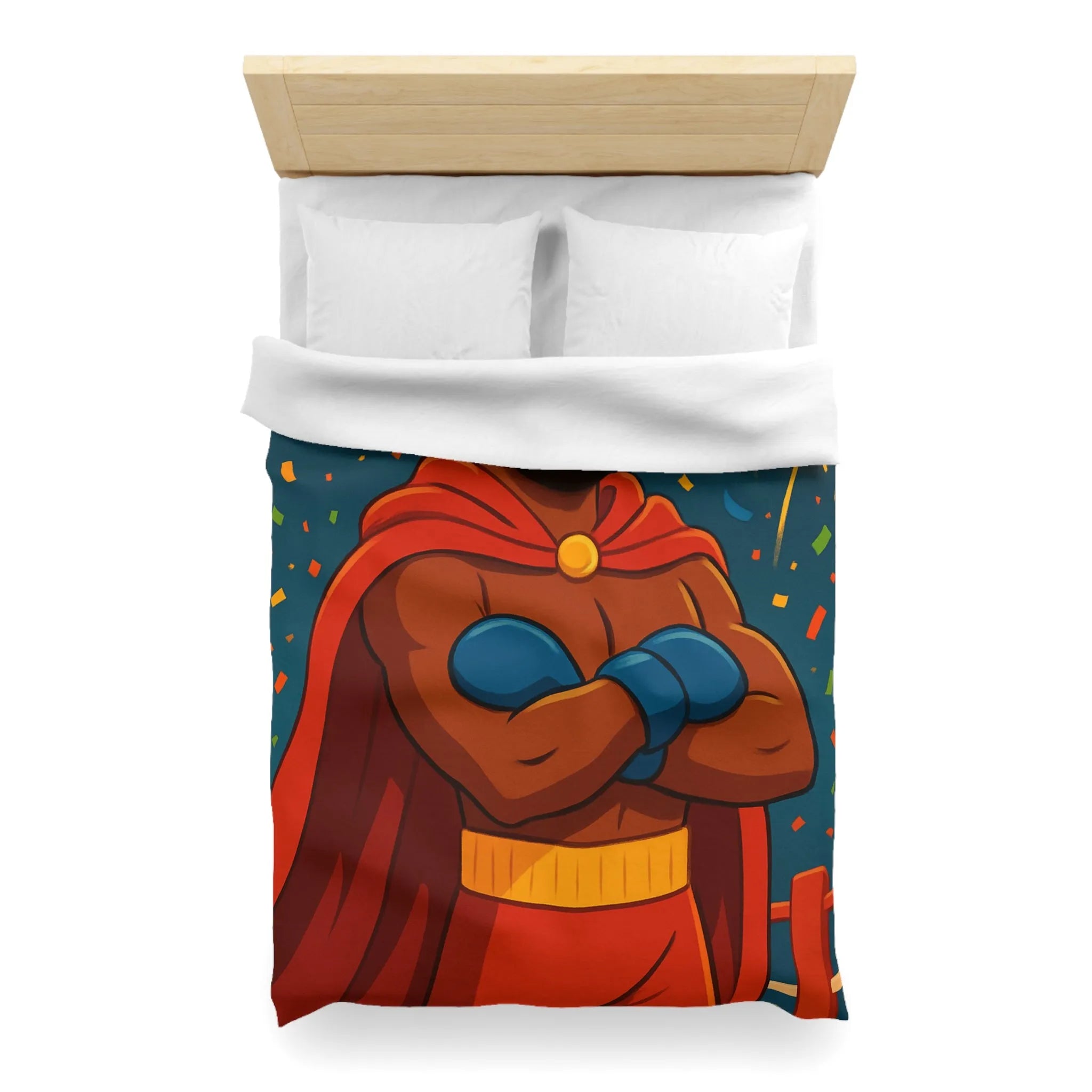 Housse de couette colorée avec boxeur couronné, cape rouge et feux d'artifice