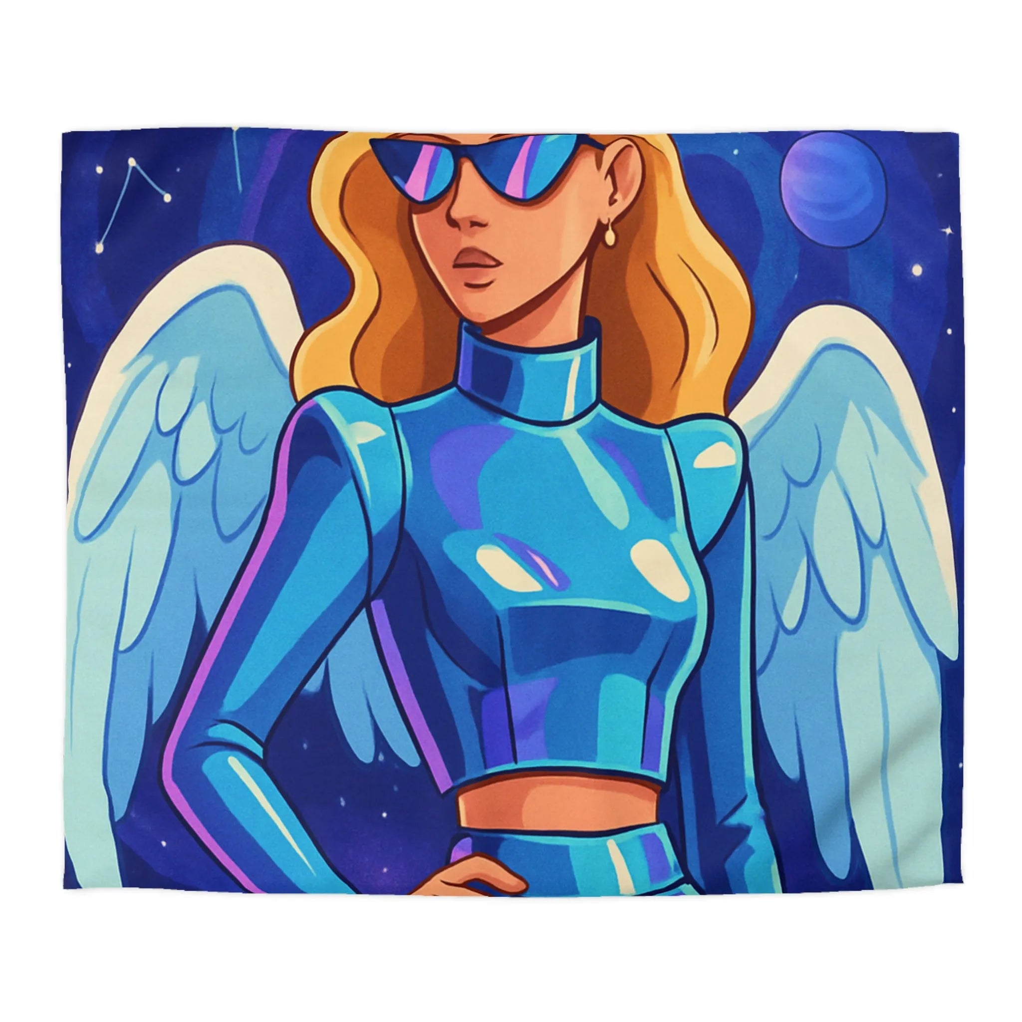 Housse de couette galactique avec ange moderne et planètes, style futuriste coloré