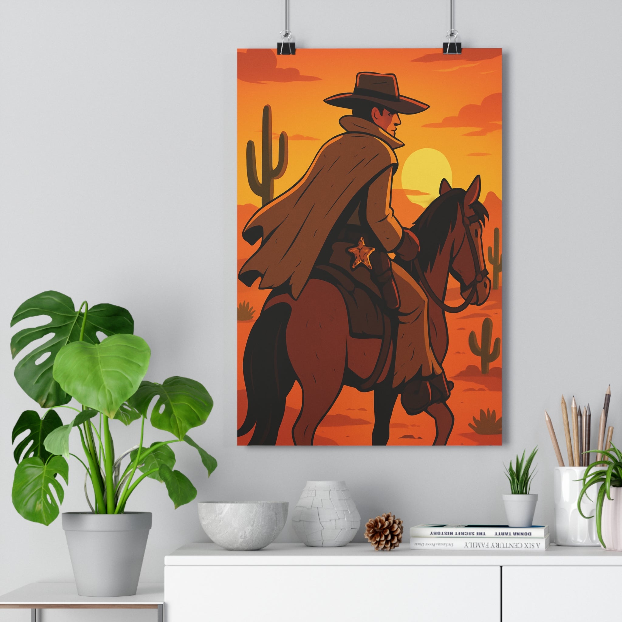 Poster décoratif aventure cowboy désert coucher soleil orange intense salon bureau vintage original unique